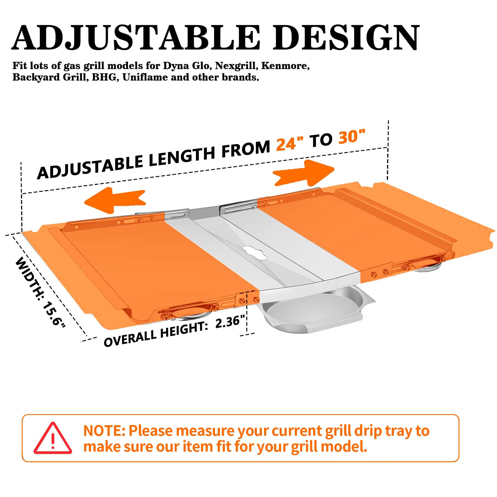 Copiu Grill Grease Tray with Catch Pan, 24"-30" Adjustable Grill Replacement Parts Stainless Steel Outdoor BBQ Drip Pan for Dyna Glo, Nexgrill, Expert Grill, Kenmore, BHG, Backyard, Uniflame and More