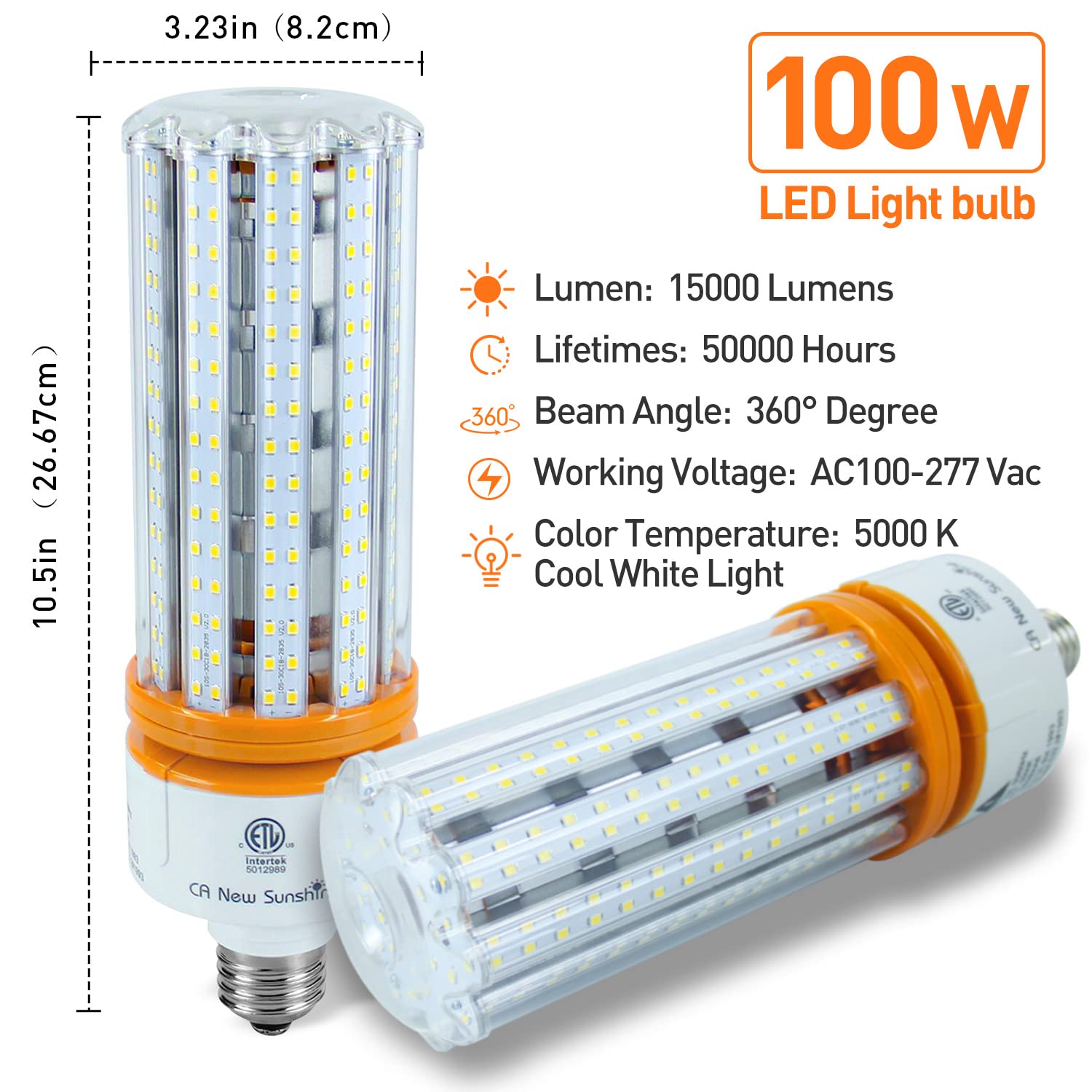 1000W Equivalent LED Corn Bulb, Led Corn light bulbs 15000 Lumen 5000K Daylight White Lamp,E26/E39 Medium Mogul Base,2-Pack 100W Large Area Lights For Outdoor Indoor Garage Warehouse High Bay Lighting
