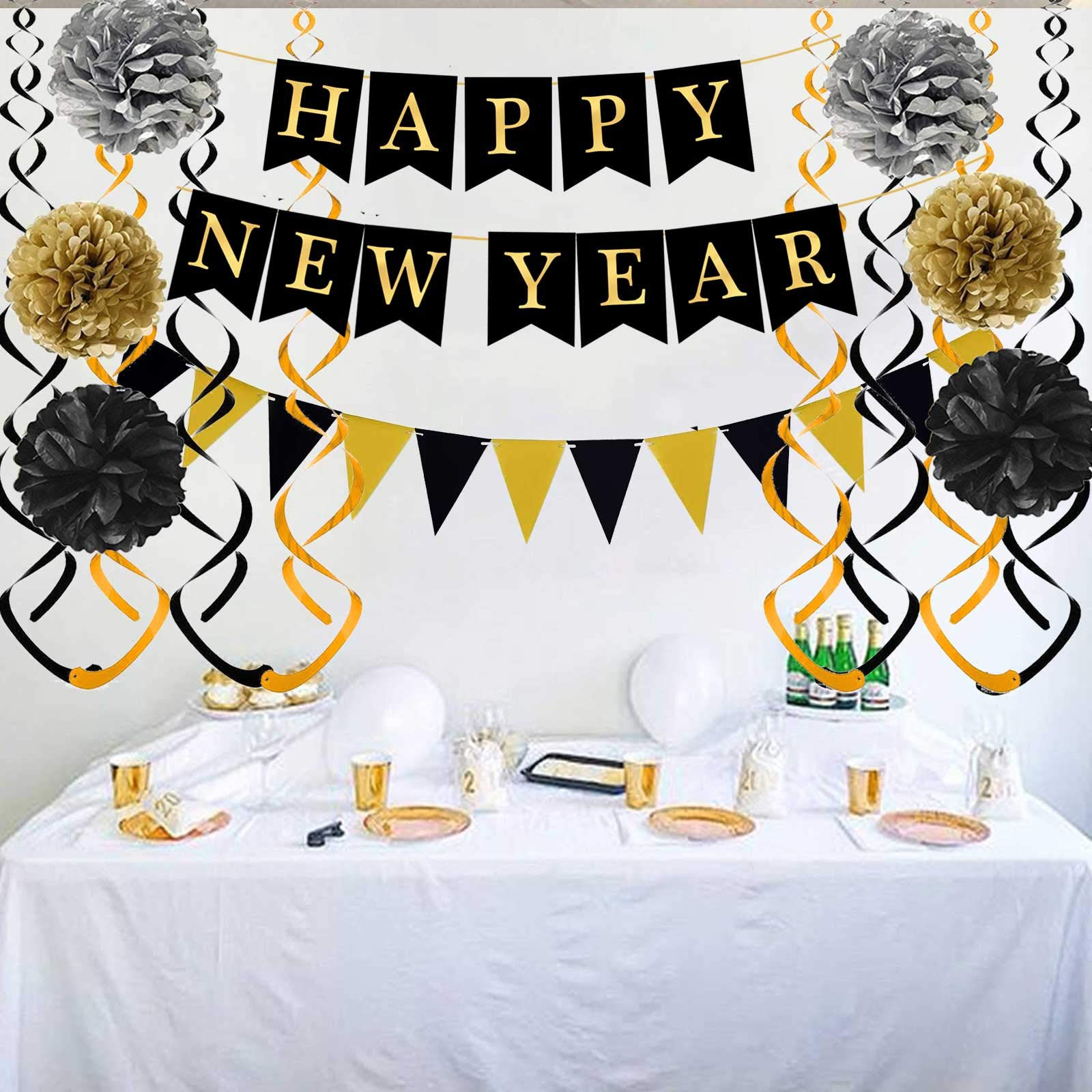 Black Happy New Year with Gold Black Paper Flag Bunting Swirl Streamers & Pom Poms for New year Party Decorations