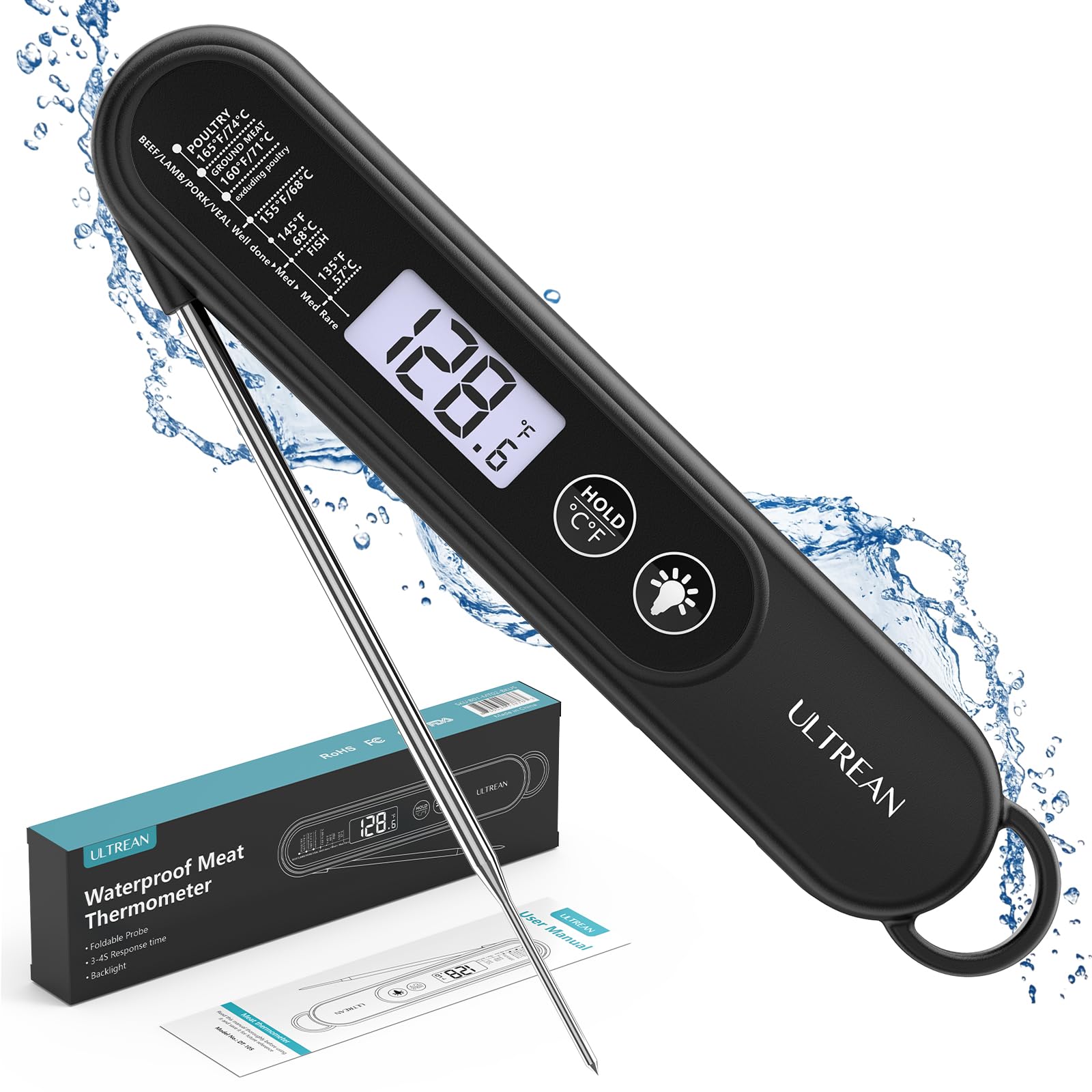 Ultrean Meat Thermometer Instant Read for Grill and Cooking, 3 Seconds Fast Precise Digital Food Thermometer with Backlight, Magnet, Foldable Probe