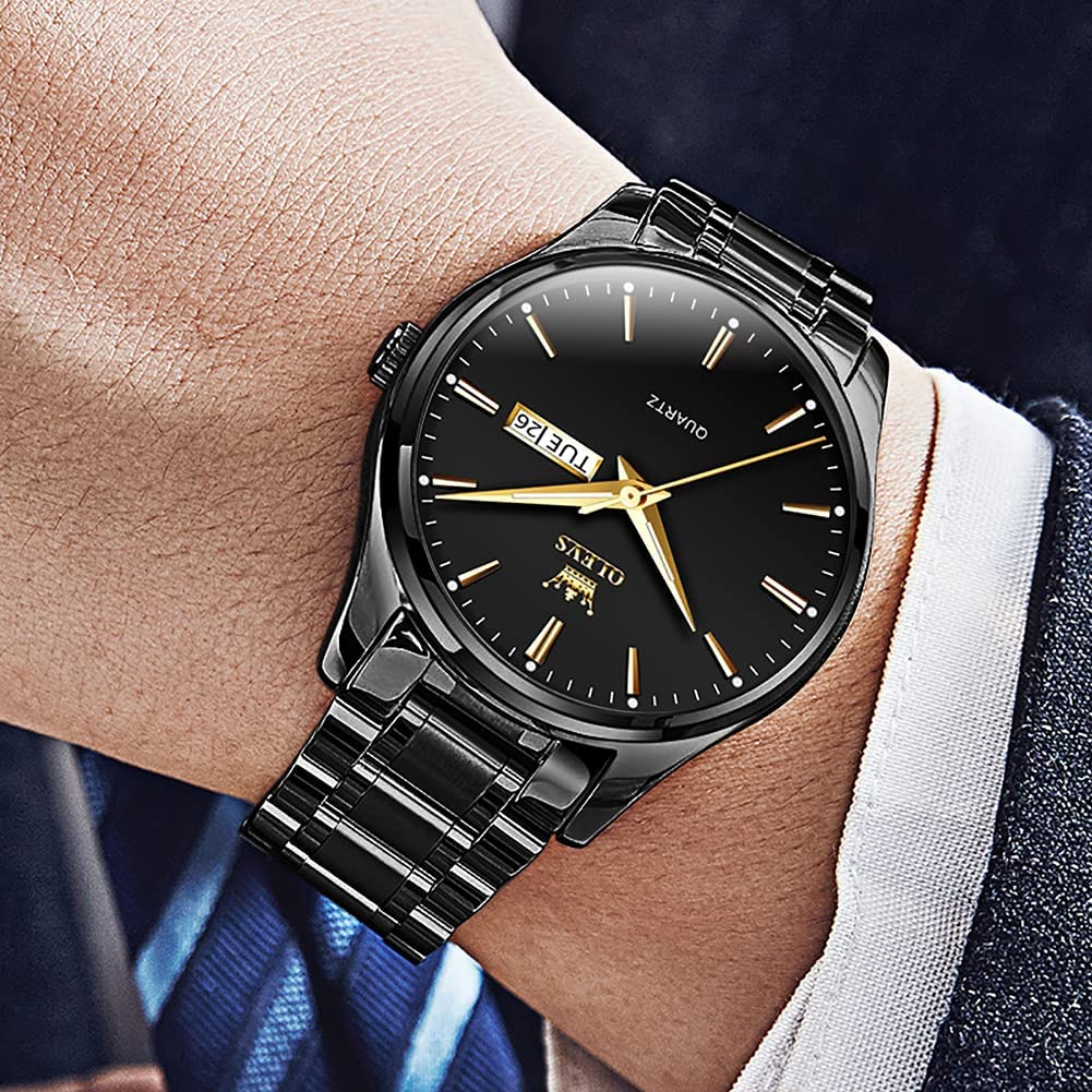 Date Day Watches for Men,Fashion Black Steel Watches for Men,Black Stainless Steel Quartz Watches Men,Man Watch,Black Dial Men's Steel Watch,Luminous Watch,Mens Dress Watch,Wrist Waterproof Watch Mens