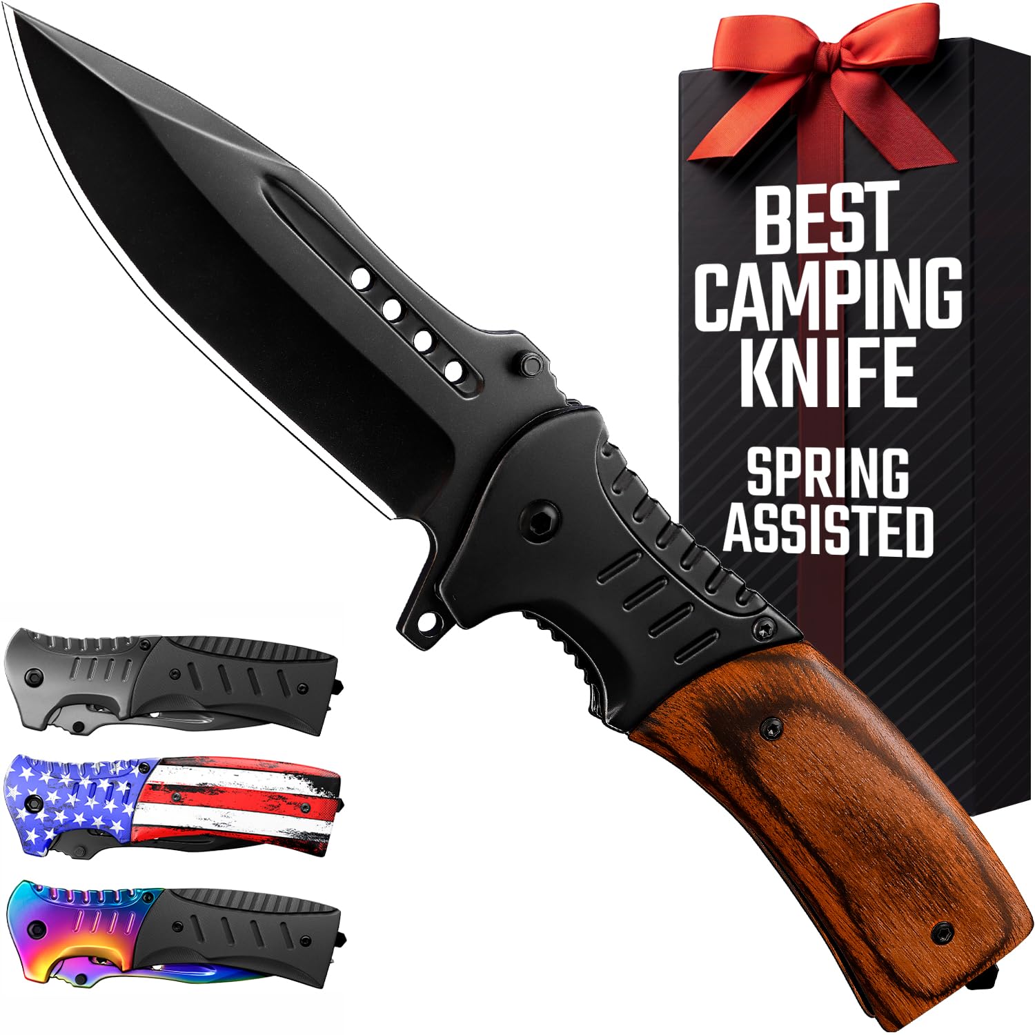 Spring Assisted Knife - 3.66" Sharp Blade - Tactical Pocket Knife for Men with Wood Handle Glass Breaker & Clip - Best Folding Knives for EDC Camping Survival for Dad Husband - Father Day Gifts 0207