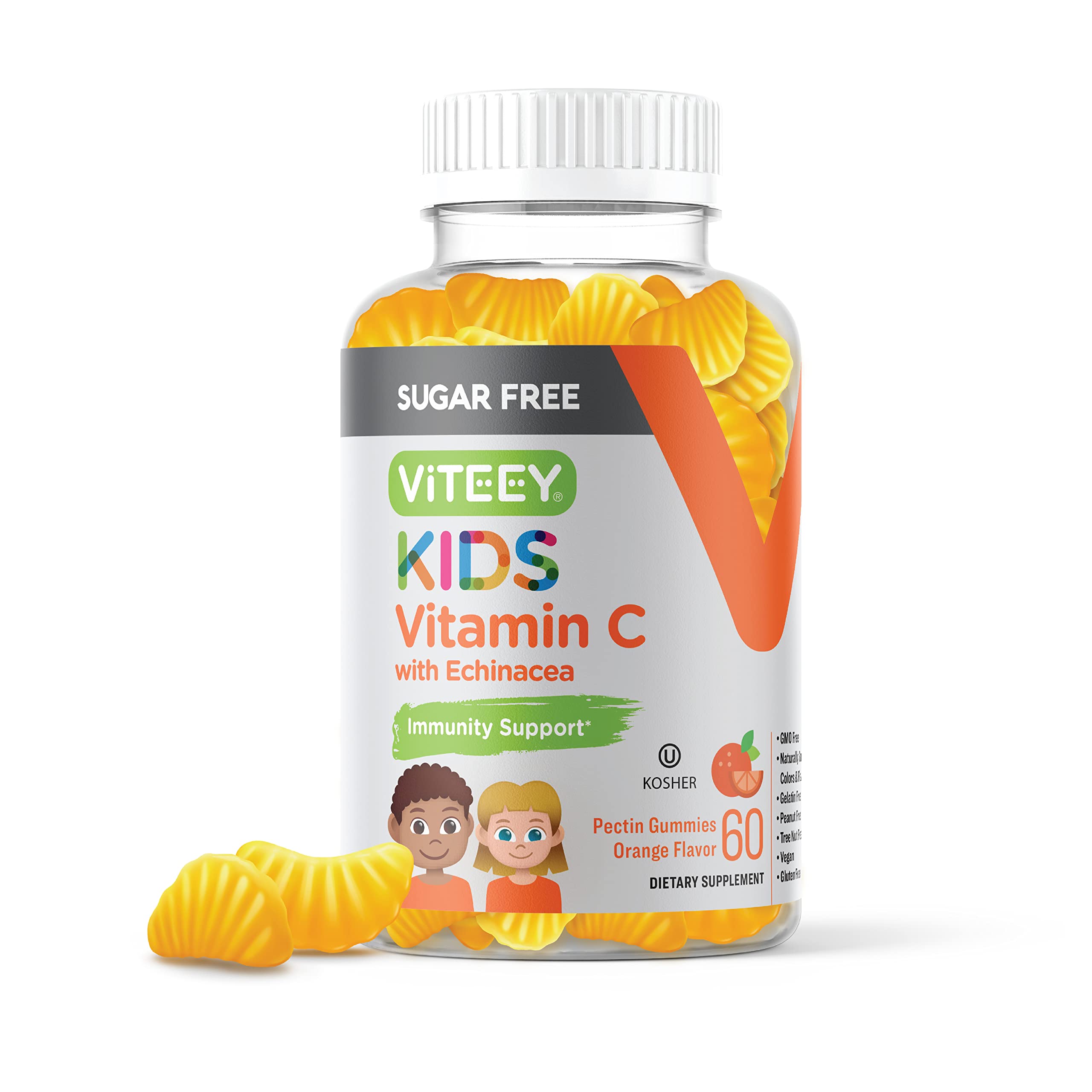 Kids Vitamin C Gummies 75mg, with Echinacea - Sugar Free - Immune Support for Kids, Toddlers, & Teens - Vegan, Gelatin Free, Gluten Free, GMO Free - Tasty Chewable Orange Flavored Kids Immunity Gummy