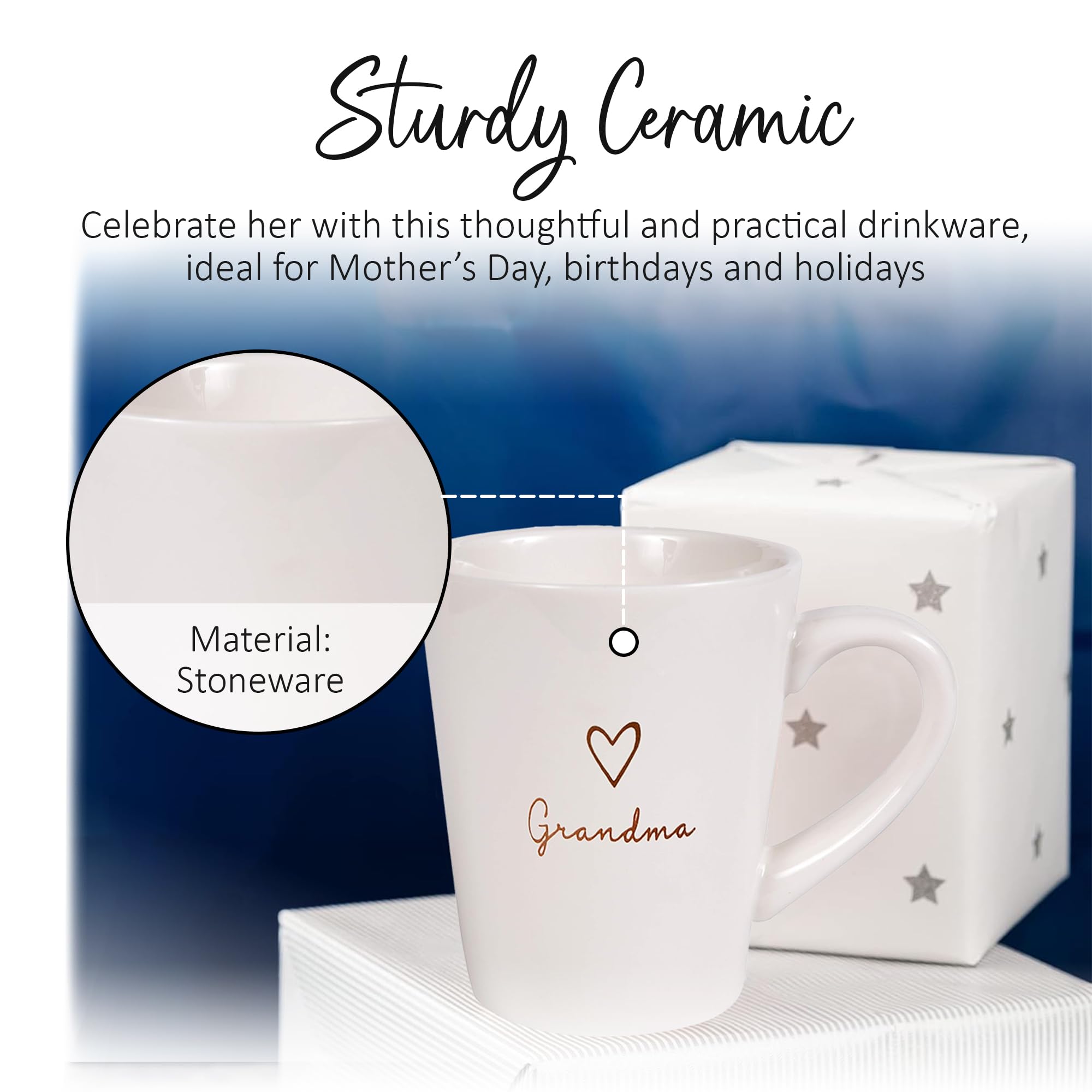 Pavilion Grandma Coffee Mug - Stoneware Coffee Cups for Grandmothers with Heart Tag - Ideal for Daily Use with "Grandma" Text Design - Microwave & Dishwasher Compatible - Cream, 15 oz