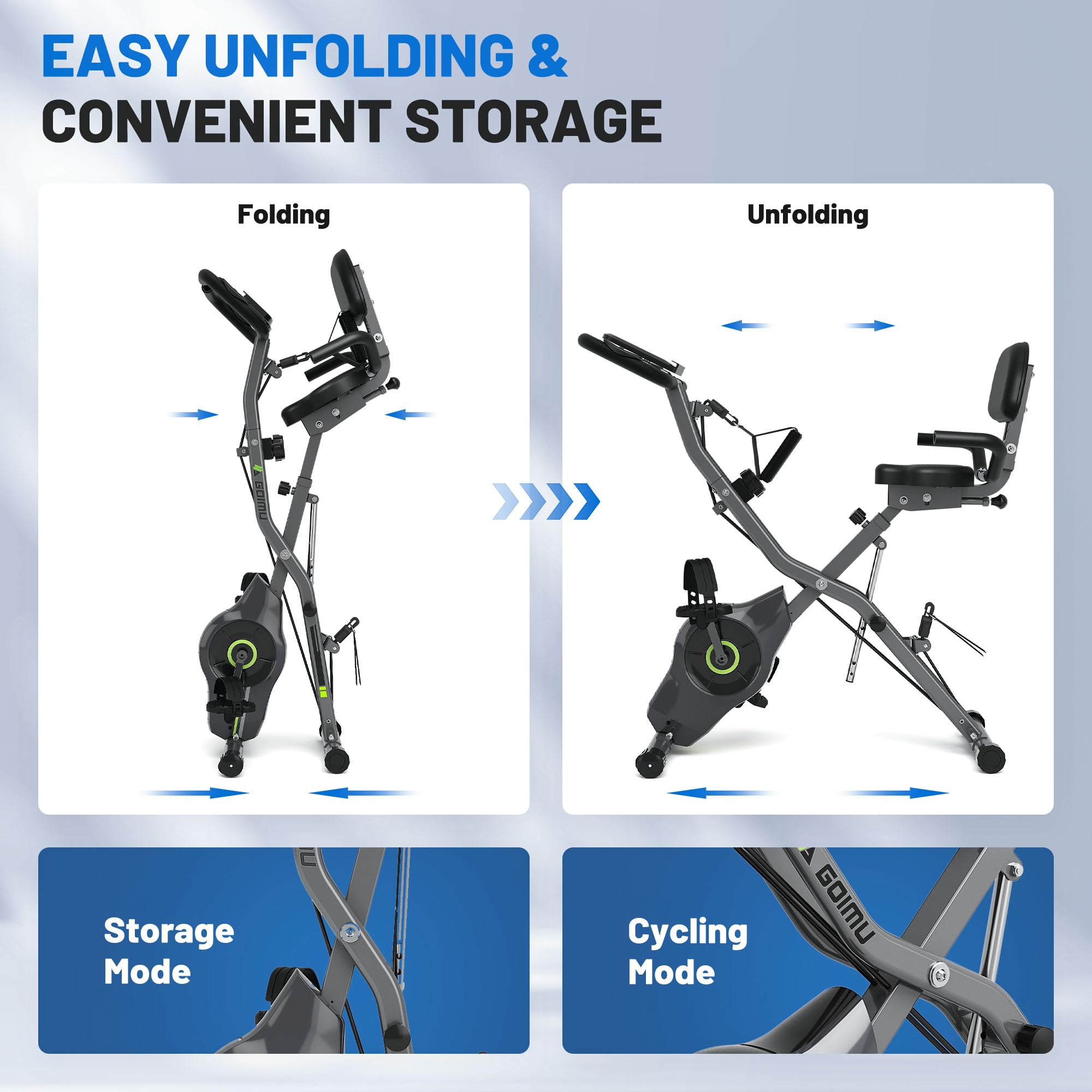 GOIMU Exercise Bike, 5 in 1 Foldable Stationary Bike for Seniors, 16-Level Adjustable Magentic Resistance, Indoor Recumbent Bike with 330LB Capacity, Comfortable Seat Backrest Adjustments