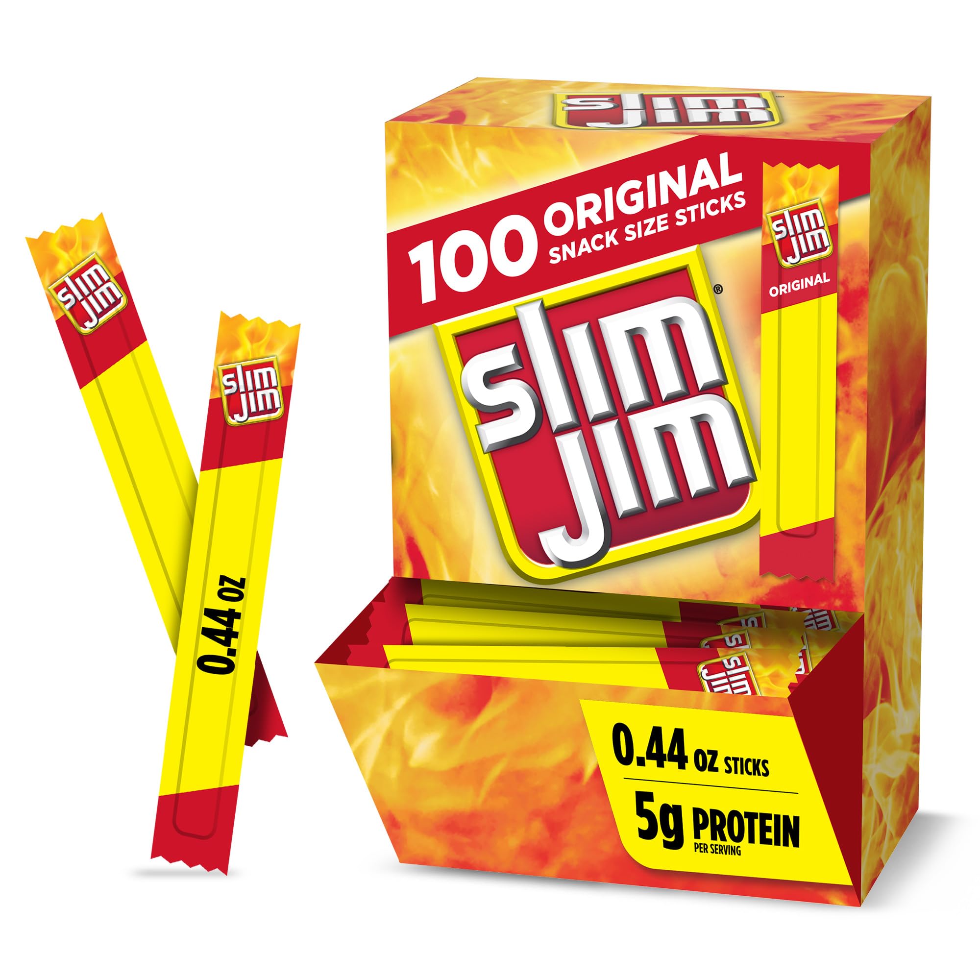 Slim Jim Smoked Meat Sticks, Original Flavor, 2g Protein Per Stick, Snack Size, Lunchbox Snack, 0.44 oz. (100 Count)
