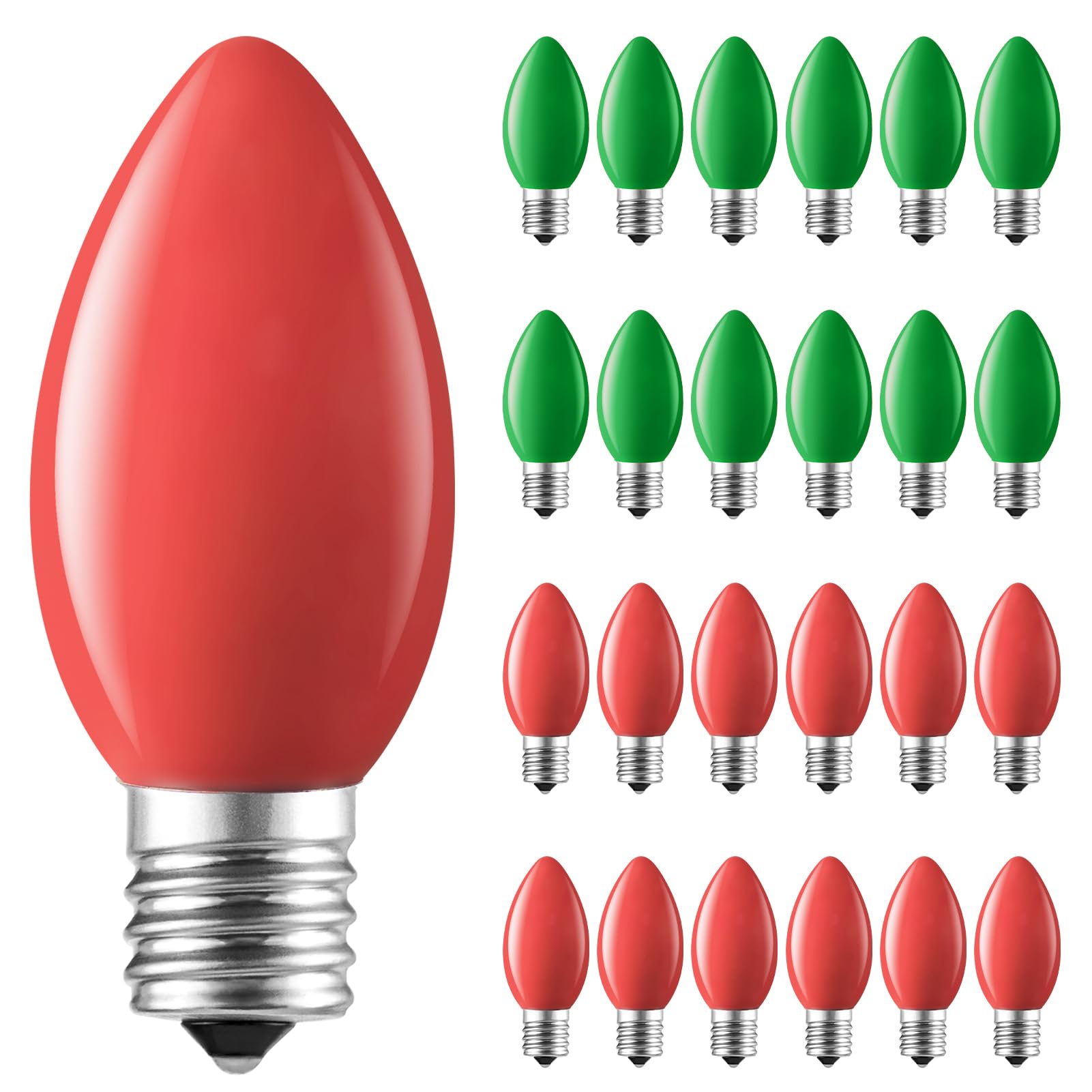 Brightown 25 Pack Red and Green C9 LED Christmas Light Bulbs,Colored Plastic C9 Shatterproof LED Bulbs Replacement for Christmas String Lights, E17 Intermediate Base, Commercial Dimmable Bulbs