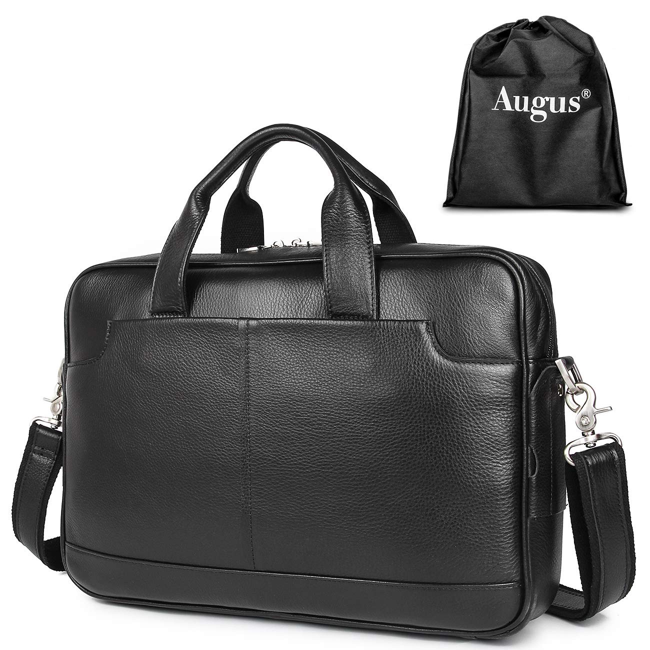 Augus Genuine Full Grain Leather Laptop Briefcase for Men 15.6 Inch Laptop Bag Messenger Tote Bags With YKK Zipper Black