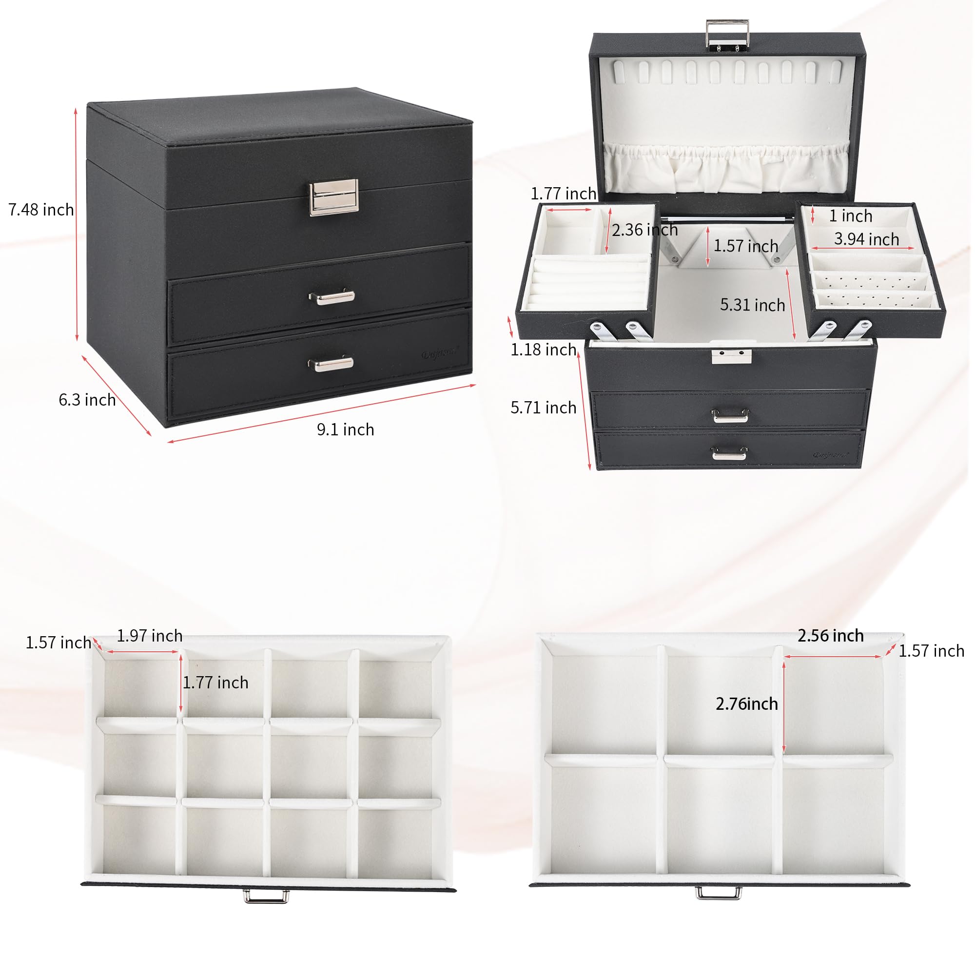 Dajasan Jewelry Boxes for Women Girls, Jewelry Organizer Box, 4 Layers Large Jewelry Storage Organizer for Earring, Ring, Necklace, Bracelets (Black)