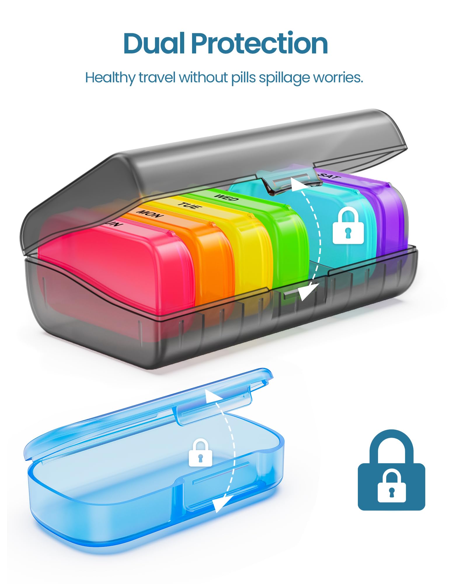 XL Weekly Pill Organizer with Dual Protection, ADERI Portable Pill Box 7 Day, Detachable Daily Pill Cases in Pocket Size for Purse, Pocket, Easy to Open Medicine Organizer to Hold Vitamins, Fish Oils