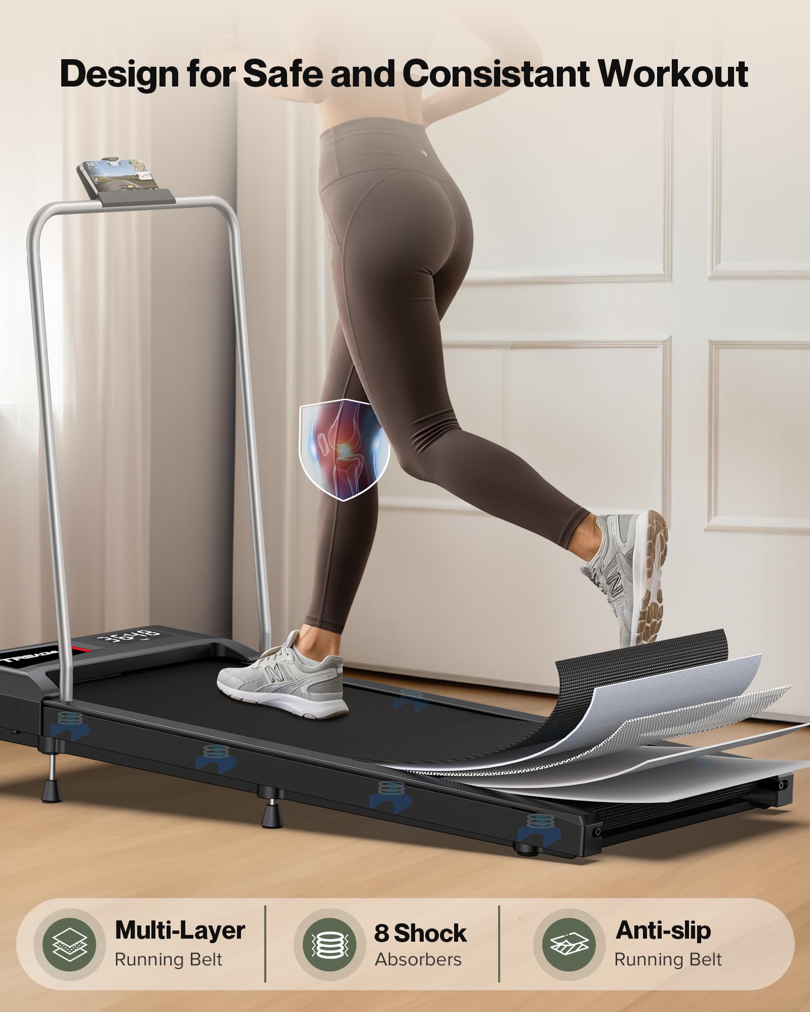 WELLFIT Under Desk Walking Pad with Handlebar, Lightweight 29lb Walking Treadmills for Home Small Space, 265LB Capacity Compact Smart Walking Pads with 10% Incline Works with KINOMAP Apple Health