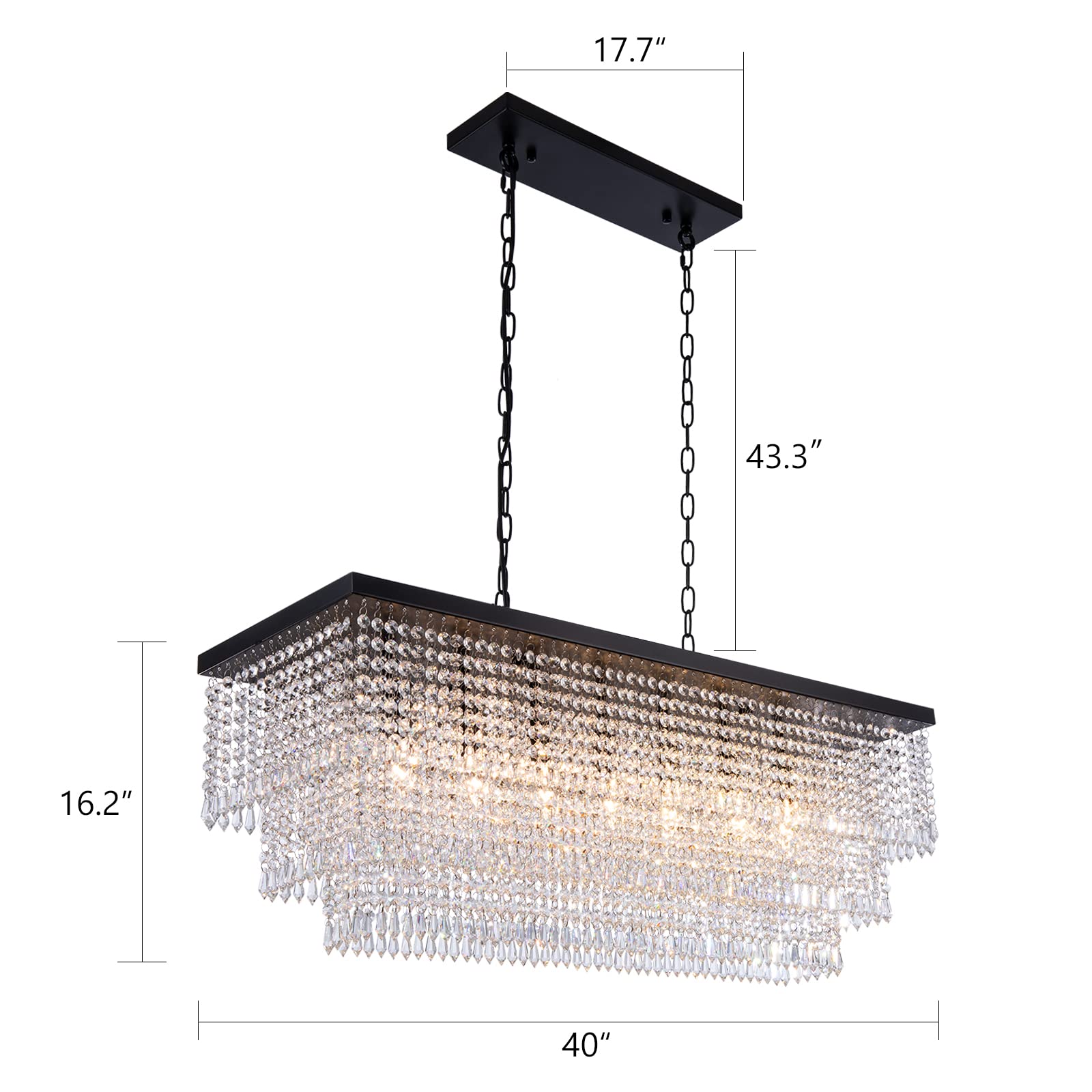 Wellmet Black Crystal Chandelier 40 inch, Modern Farmhouse Chandeliers Dining Room Lighting Fixture, Adjustable Rectangle Hanging Ceiling Light for Living Room, Kitchen Island