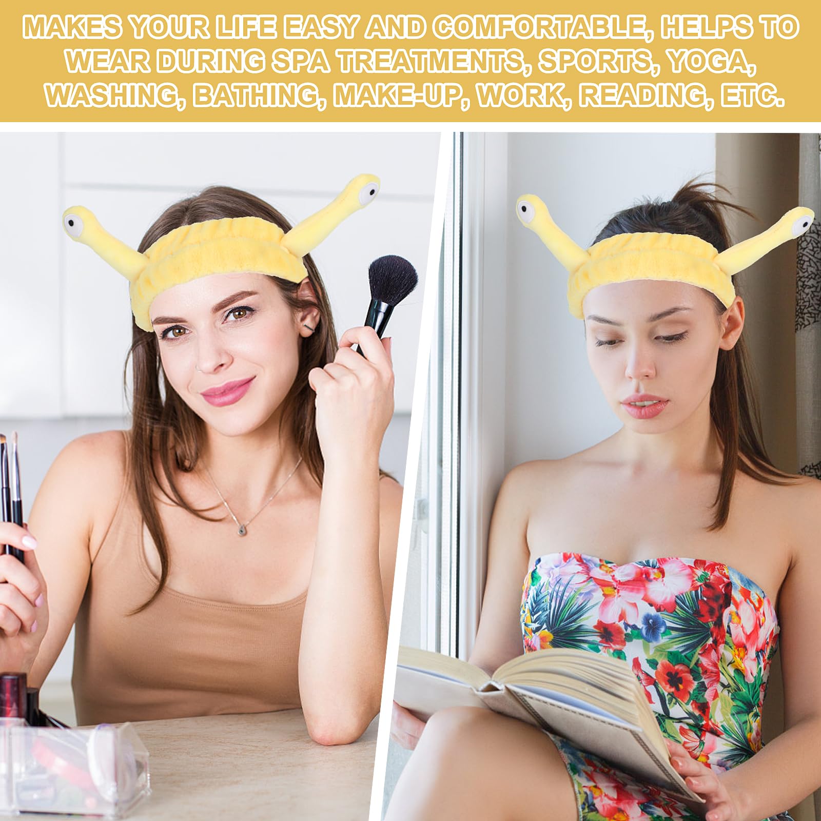 Face Wash Headband, Palm and Snail Spa Hair Bands Makeup Headbands Women Cartoon Cute Coral Fleece Elastic Headband Creative Hair Accessories for Washing Face Shower Sports Beauty Skincare (Yellow)