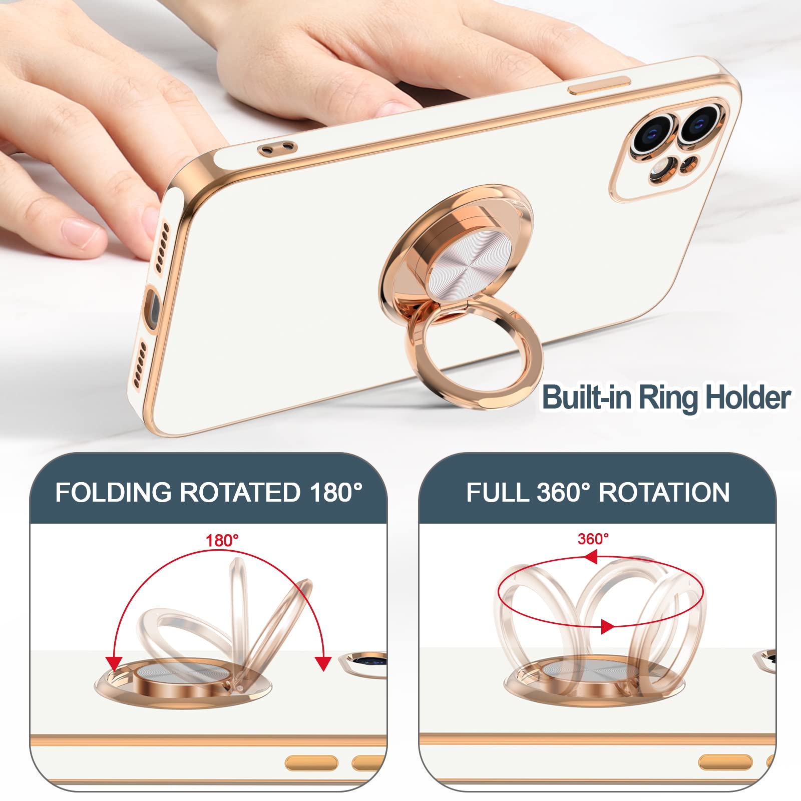 Hython Case for iPhone 11 Case with Ring Stand [360°Rotatable Ring Holder Magnetic Kickstand] [Shiny Plated Rose Gold Edge] Slim Soft TPU Cover Luxury Protective Phone Case for Women Men, White