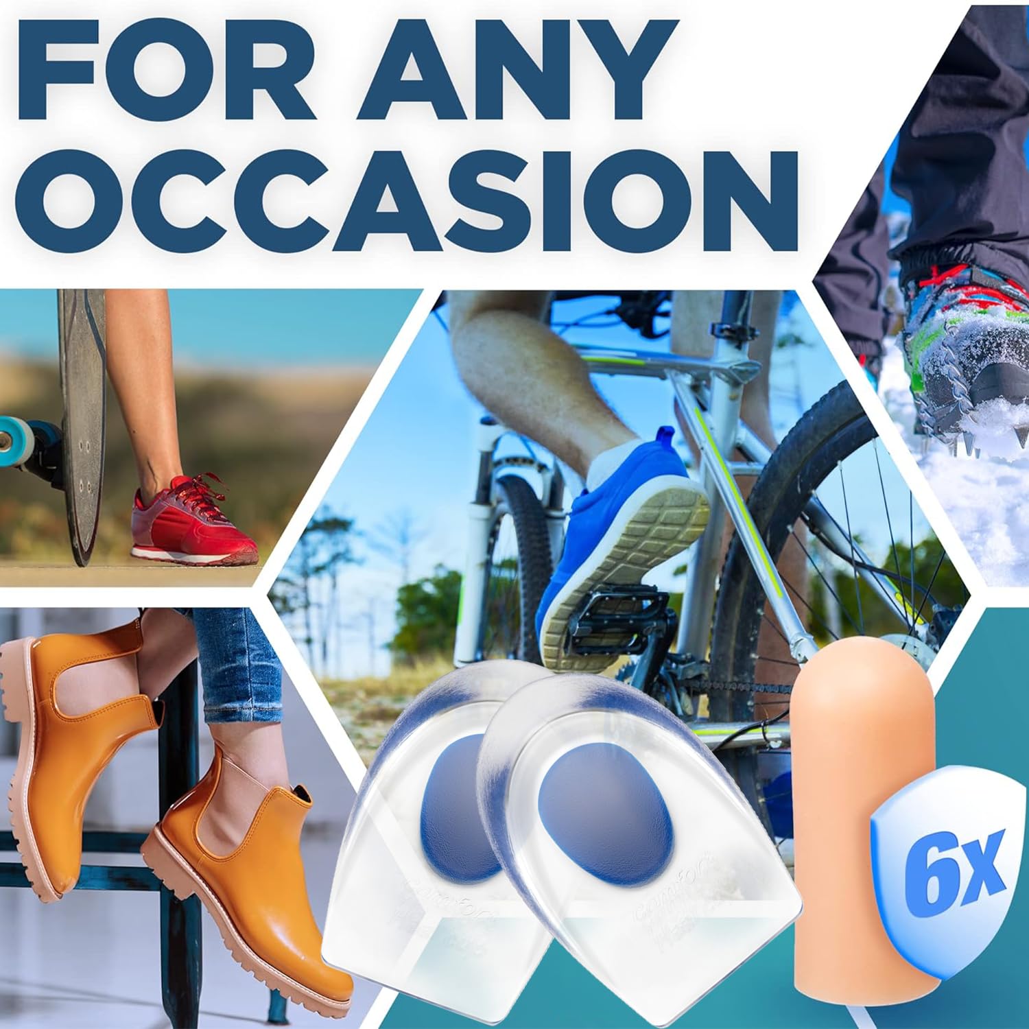 Gel Silicone Heel Cups/Pads - 2 Pack, Size L, Heel Lifts for Achilles Tendonitis, Soft Gel Toe Cap - 6 Small Toe Protectors for Women & Men