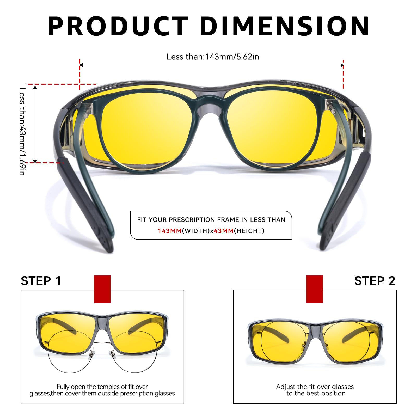 TJUTR Night Vision Driving Glasses Fit Over Glasses for Men Women, Anti Glare Polarized Nighttime Eyeglasses Yellow Lens (Grey)