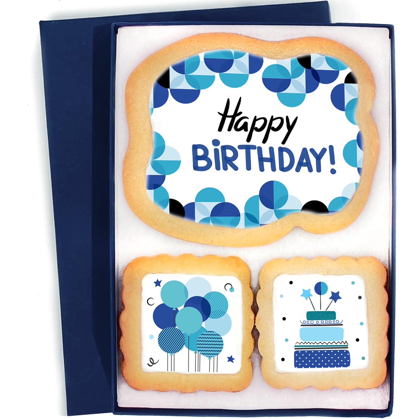 Happy Birthday Cookies Blue Gift Basket For Men and Boys Him Decorated Sugar Cookie Gift Box Mens | Nut Free | 3 Pack | Kosher