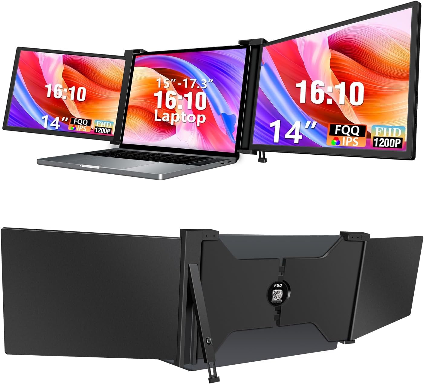 FQQ 14” Triple Laptop Screen Extender, 1920 * 1200P FHD IPS Portable Monitor for 15” - 17.3" Laptop, 16:10, Dual Monitor Display for Win/MAC(Not Included M1, M2, M3), HDMI/USB-C Plug & Play