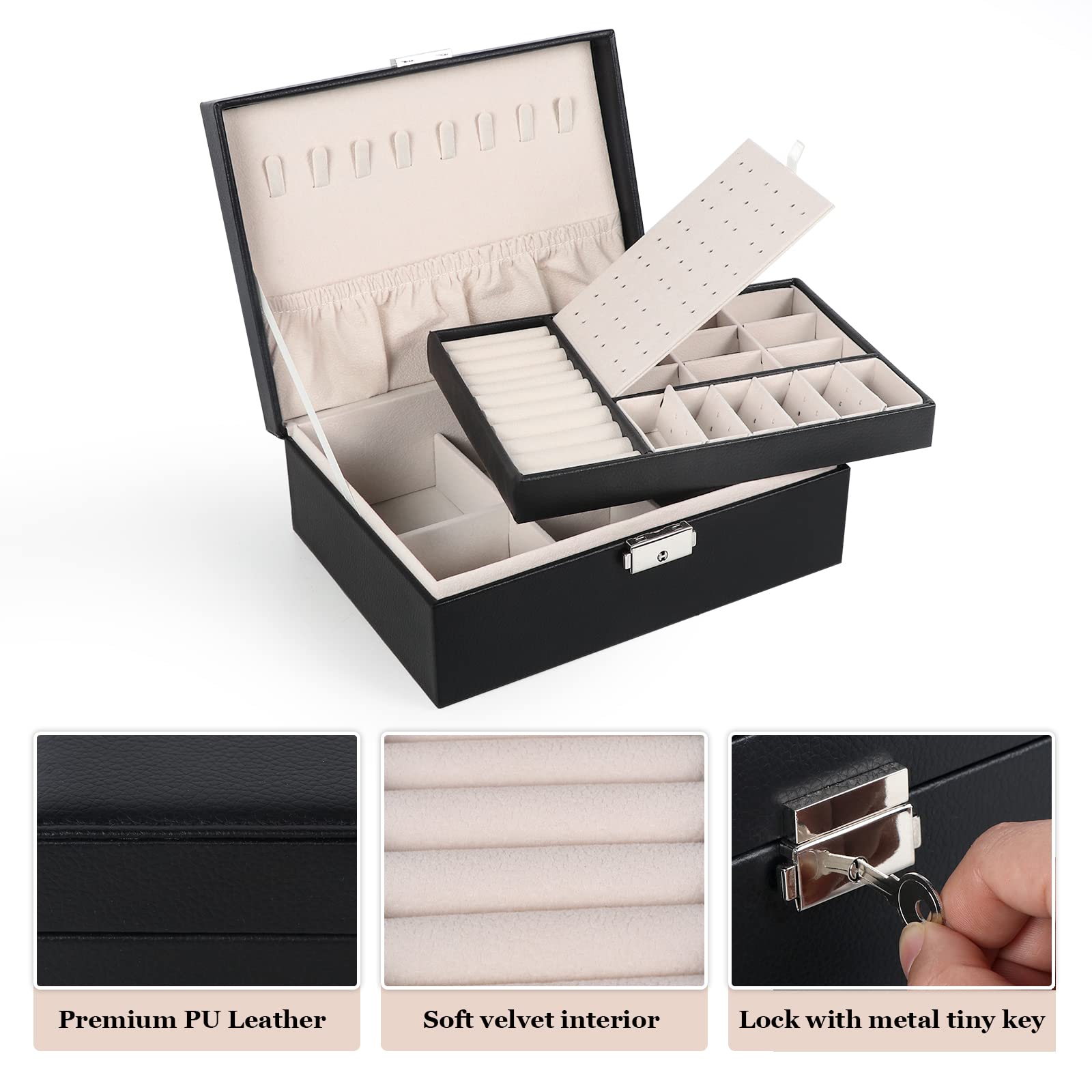 Jewelry Box for Women Girls,2 Layers Jewelry Organizer Container with Lock,PU Leather Storage Case with Removable Tray,Jewlwey Display Holder for Necklaces Earrings Bracelets Rings Watches - Black