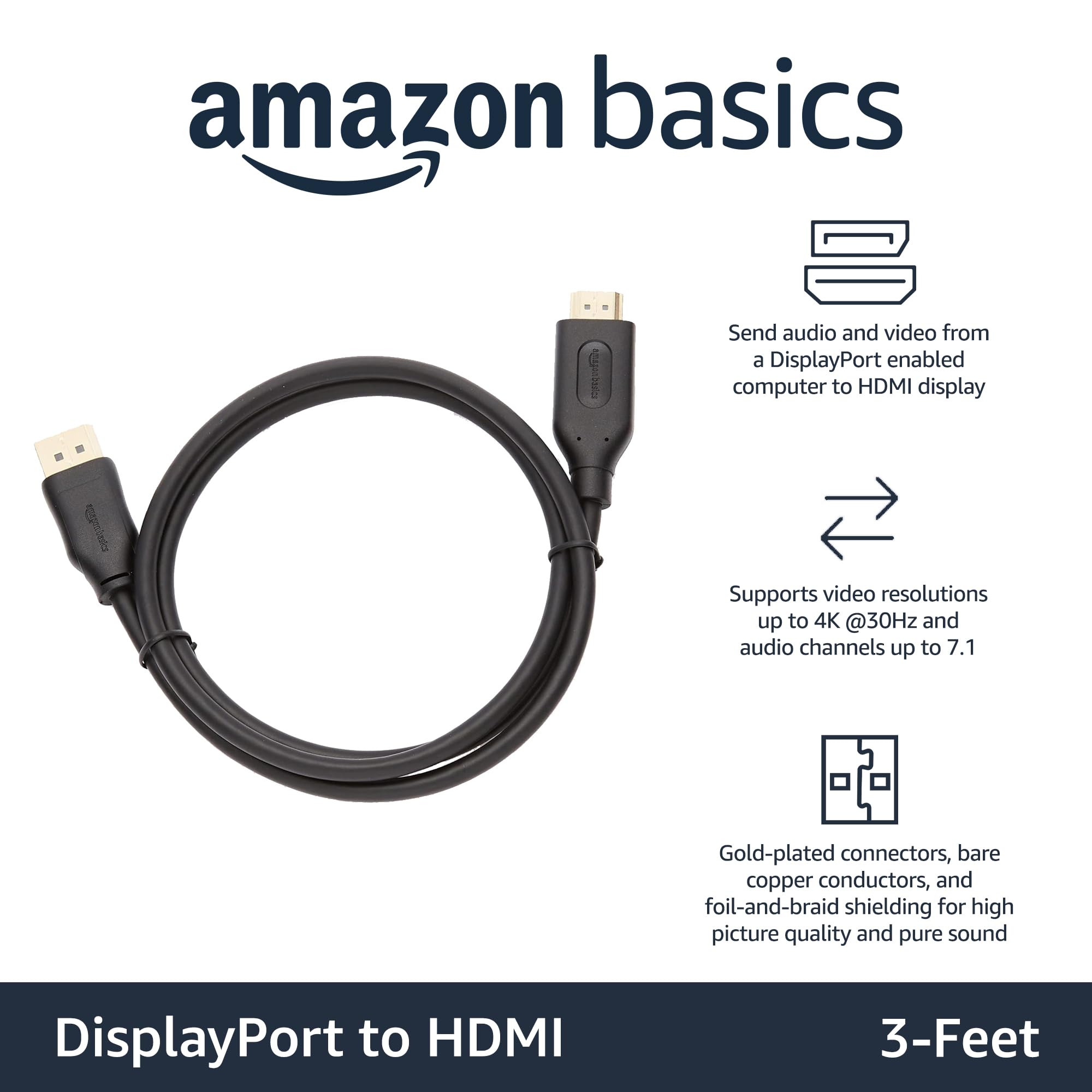 Amazon Basics DisplayPort (Source) to HDMI (Display) Cable, Uni-Directional, 3 Foot, Black