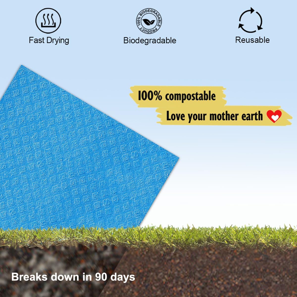 MoLKENE Swedish Dishcloths for Kitchen | 6 Pack Absorbent Cellulose Sponge Cloths Washable | Non-Scratch Reusable Paper Towels Quick Drying Cleaning Cloths - Blue