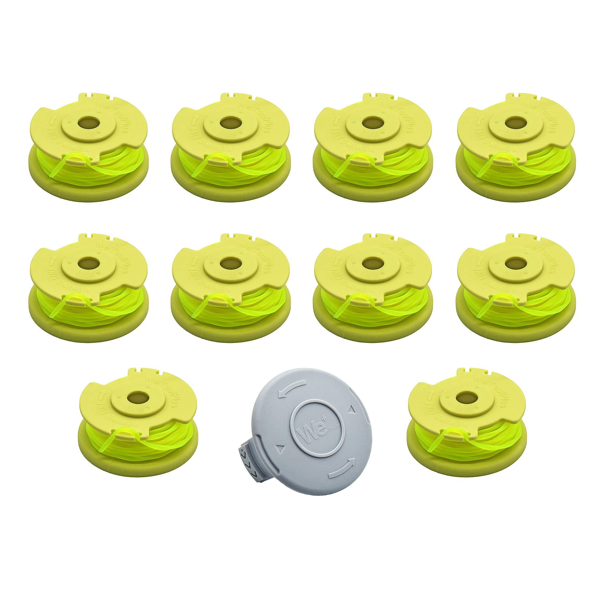 WETOOLPLUS AC80RL3 0.080" Replacement Spool Line & Cap for Ryobi One+ 18v 24v 40v Auto-Feed Trimmer Compatible with Ryobi Weed Wacker String with 522994001 AC14HCA Cap Covers(10 Spools + 1 Cap)