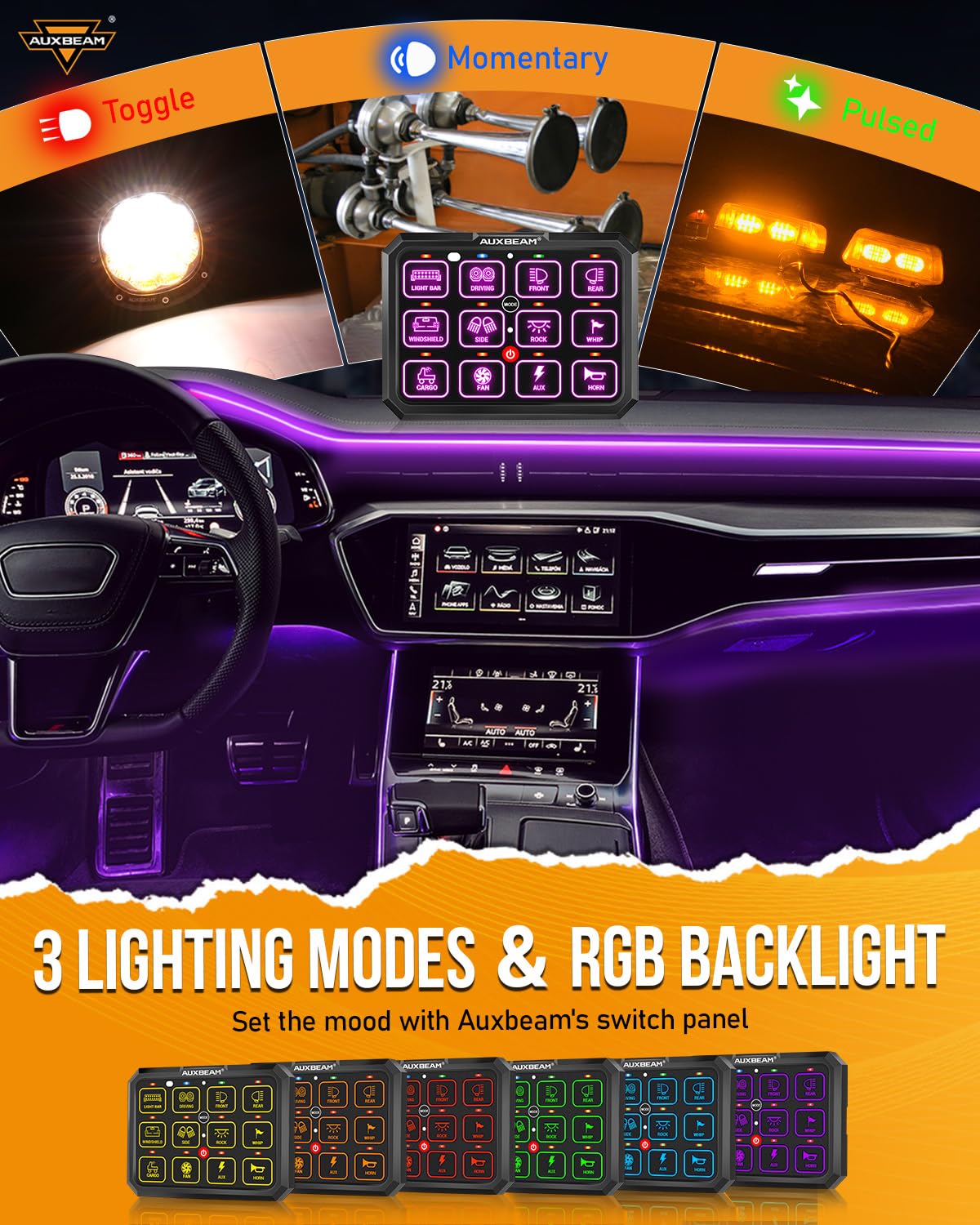 Auxbeam 12 Gang Switch Panel RGB RB120 Toggle Momentary Pulsed Dimmable Backlight Multifunction Switch Panel Two Sided Output for 12-24V Truck Offroad UTV ATV Car Marine Waterproof 2 Years Warranty