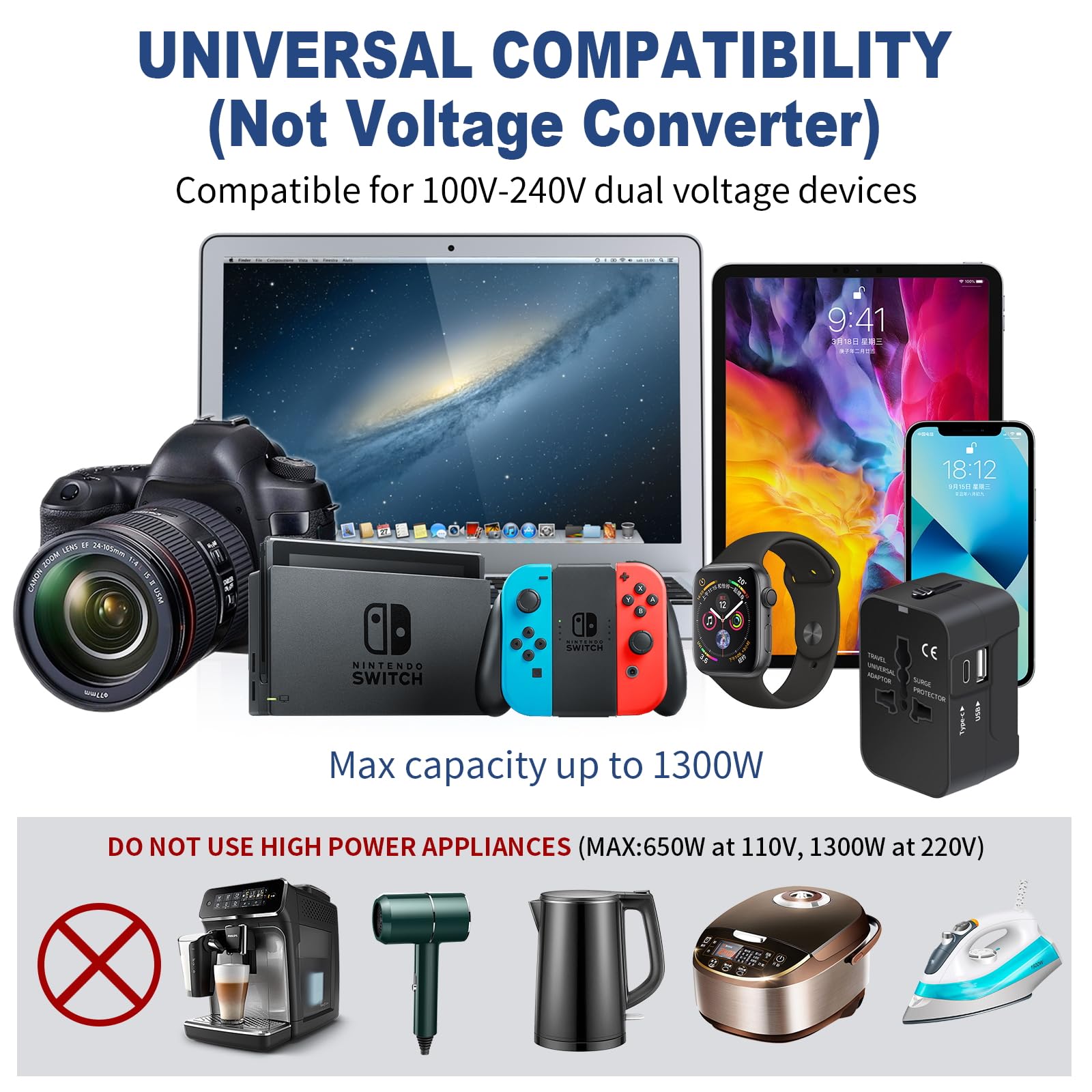 Travel Adapter with USB C, Universal All in One Worldwide Travel Adapter Power Converters Wall Charger AC Power Plug Adapter USB Type C Charging Ports for USA EU UK AUS Black