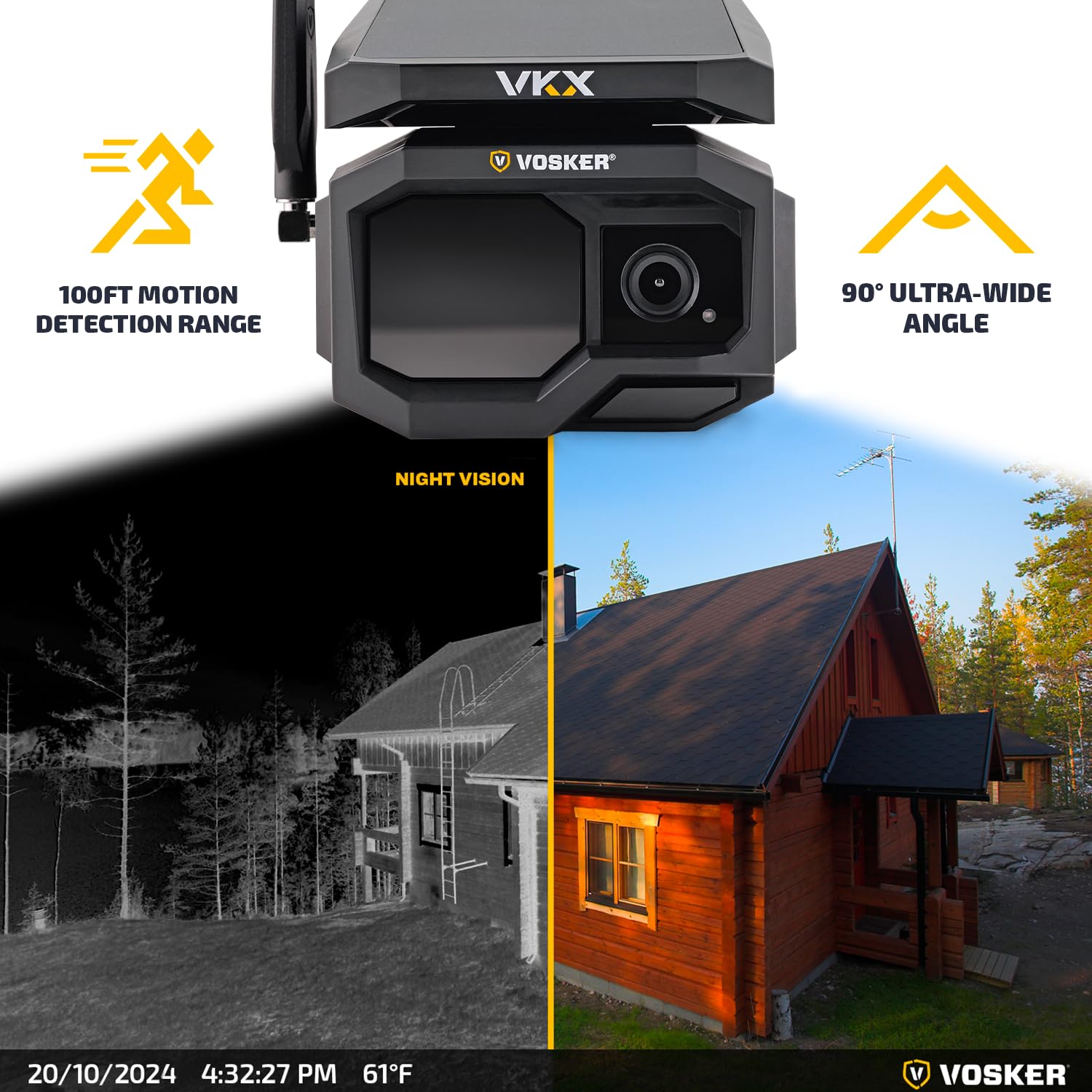 Vosker VKX Solar Powered 4G-LTE Outdoor Cellular Security Camera - No Wifi Needed, Motion Activated, Night Vision, SIM Card Included, On-demand Mode, IP65 Weather-Resistant