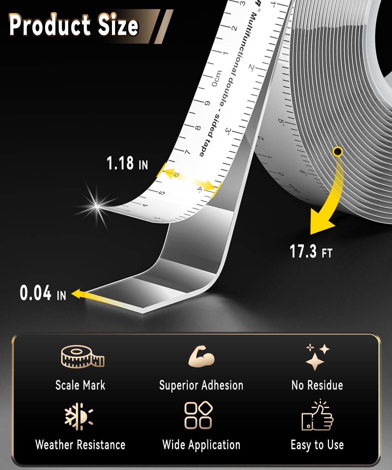 PHIXBEAR Double Sided Tape Heavy Duty with Dual Measurement Scale (CM/INCH), No Residue Clear Invisible Nano Tape mounting for Wall Hanging Posters, Rug,Decor