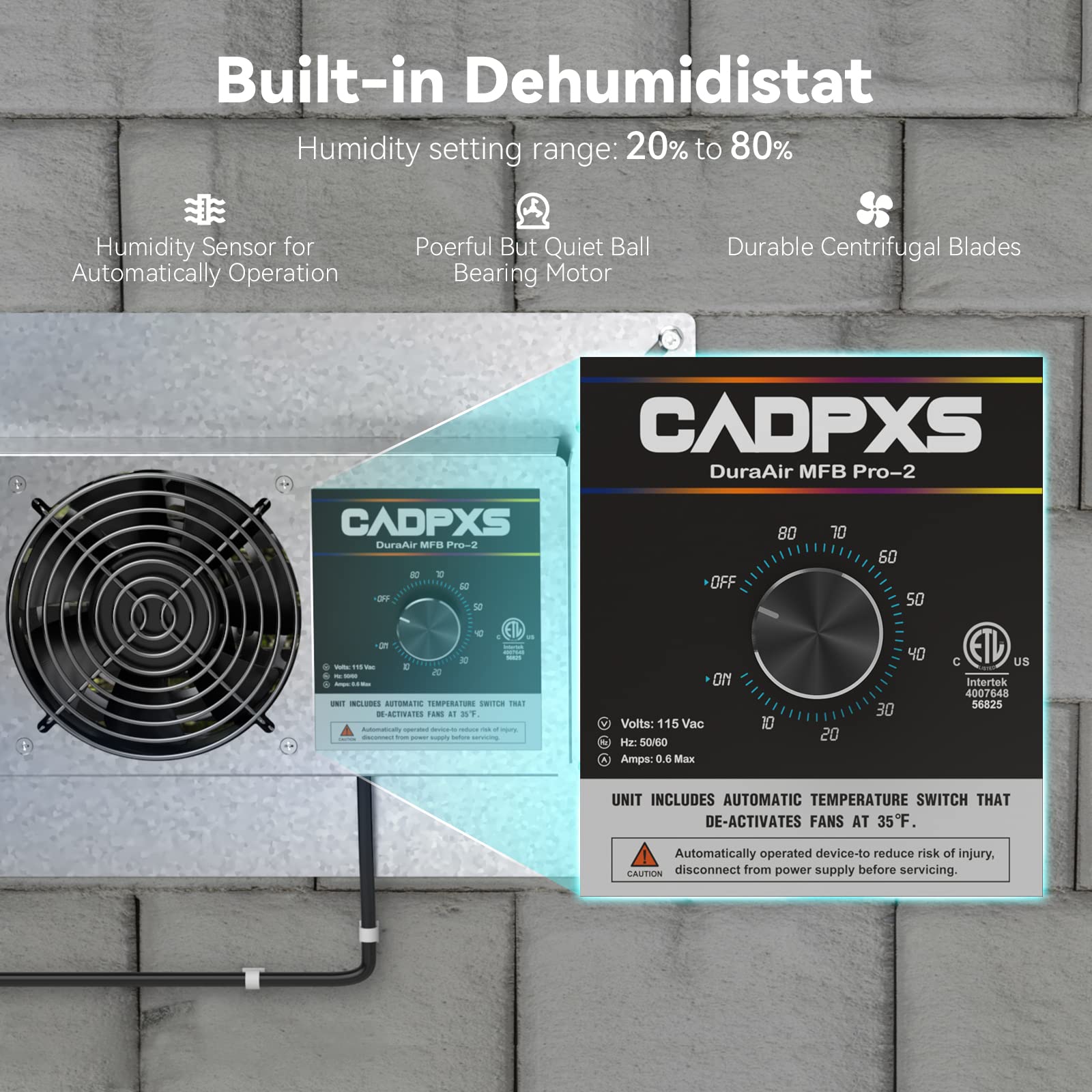 CADPXS Crawlspace Ventilation Fan, Crawlspace Fan Vent with Humidistat, Dehumidistat & Freeze Protection Thermostat, for Crawl Spaces/Basement/Garage/Attic/Hydroponics Grow Tents (220 CFM Air Out)