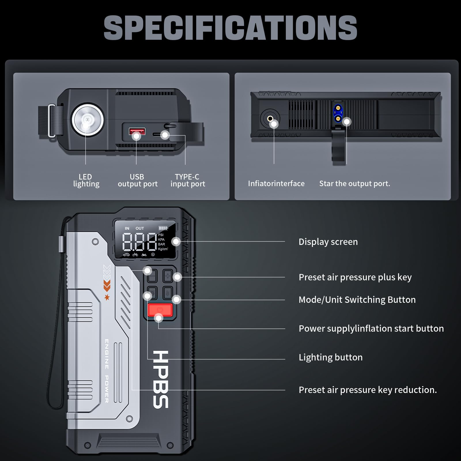 HPBS Jump Starter with Air Compressor - 2500A Portable Car Jump Starter with 150 PSI Tire Inflator for Up to 8.0L Gas and 6.5L Diesel Engines, 12V Jump Starter Box with LCD Display