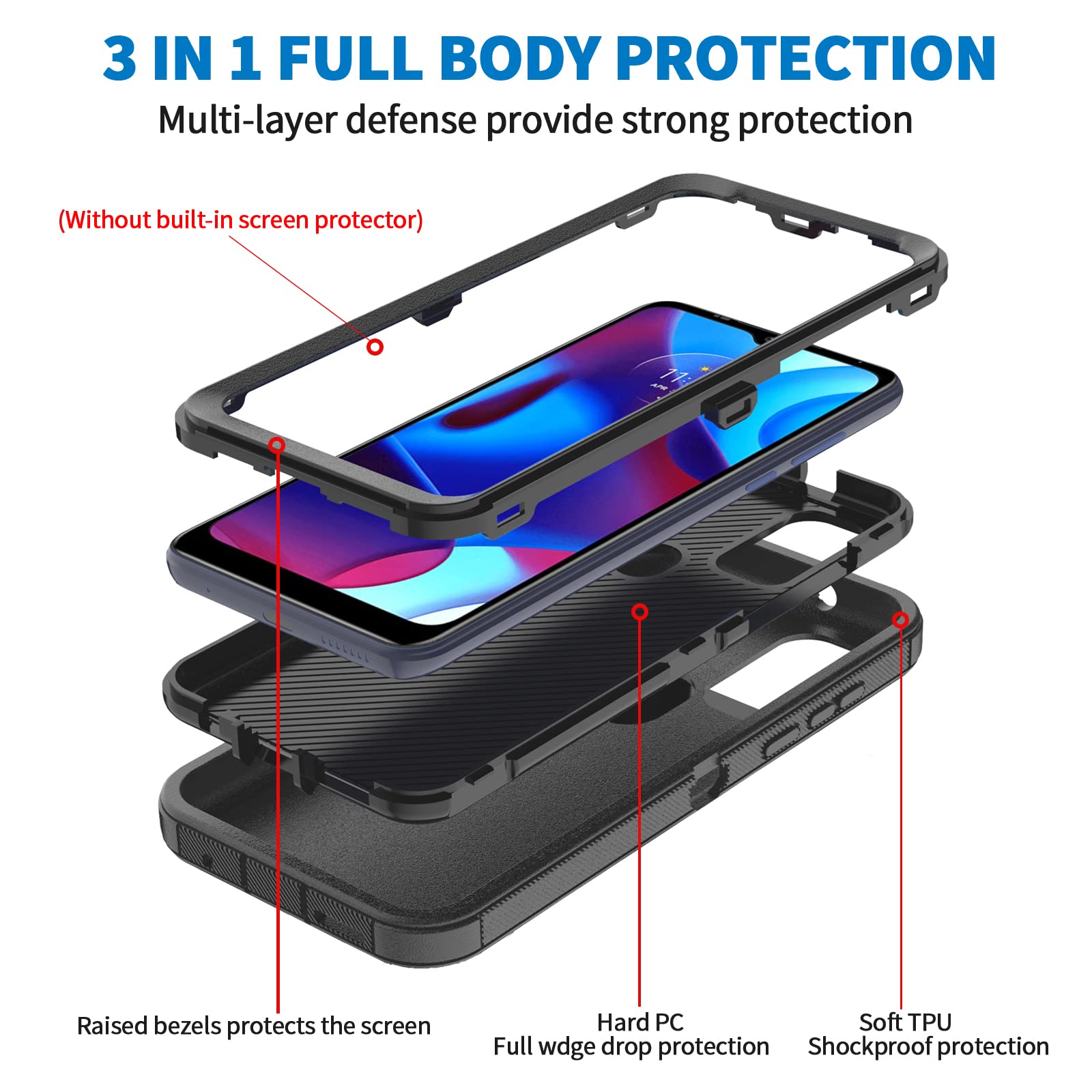 Anloes Case for Moto G Pure 2021/G Play 2023/G Power 2022, Motorola G Pure Phone Case Heavy Duty Shockproof Dustproof Protection, 3 in 1 Rugged Defender Protective Bumper Cover(Black)