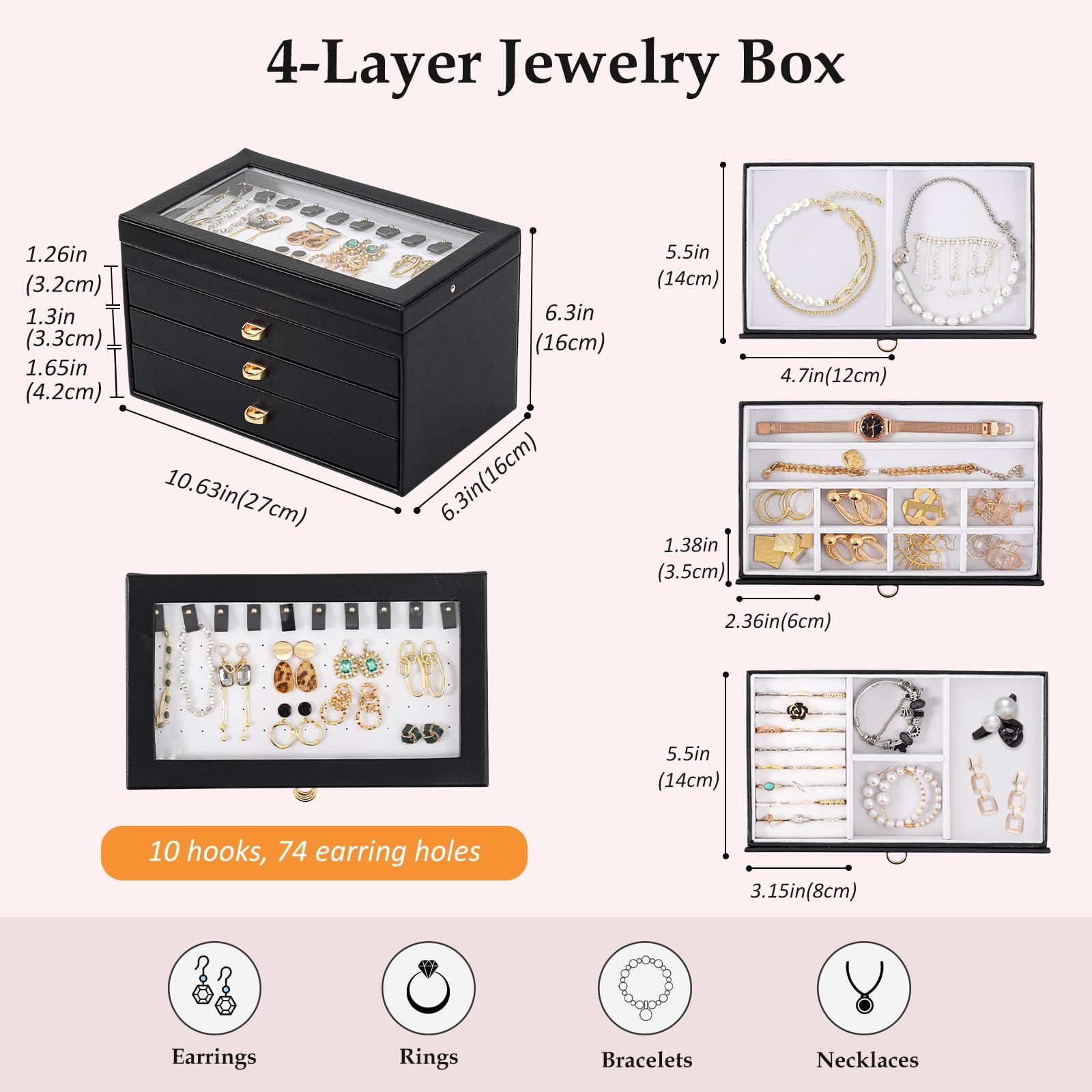 ProCase Jewelry Box for Women Girls, 4-Layer Large Jewelry Organizer Box with Glass Lid, Valentines Gift Jewelry Holder Organizer Jewelry Storage Case for Earrings Bracelet Necklace Rings -Black