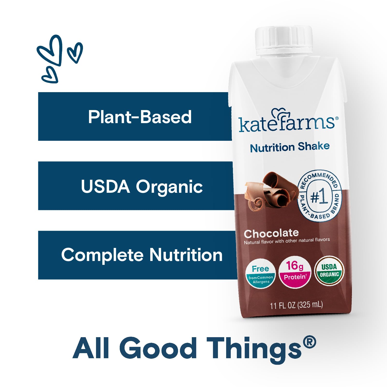 KATE FARMS Organic Nutrition Shake, Chocolate, 16g Protein, 27 Vitamins and Minerals, Protein Meal Replacement Drink, Protein Shake, 11 oz (12 Pack)