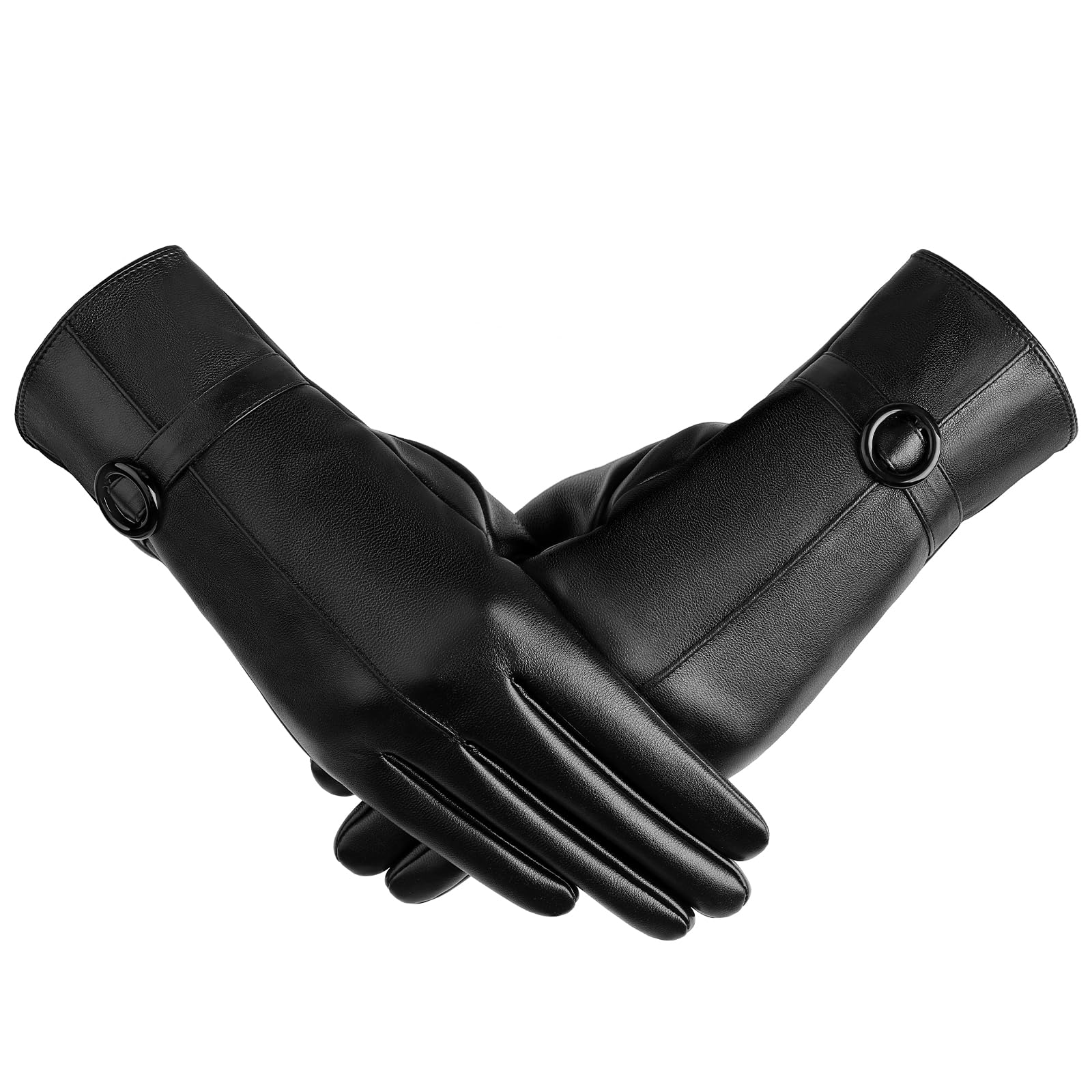 Leather Gloves for Women - Womens Black Leather Winter Gloves, Touchscreen Texting Driving Gloves Women, Warm Fleece Lined Winter Gloves for Women, Thermal Womens Gloves for Cold Weather, Large