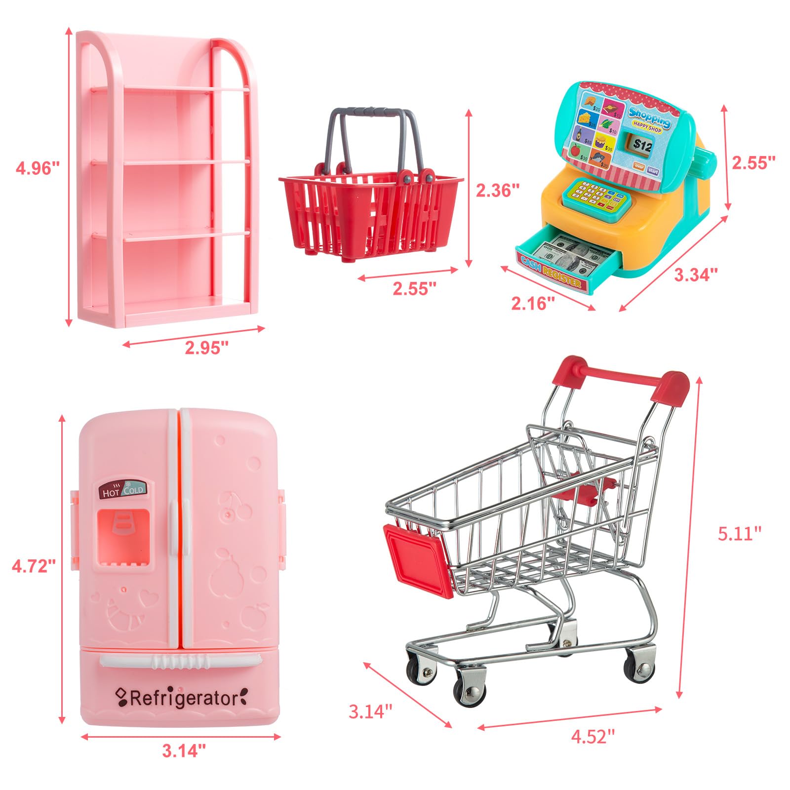 164Pcs Mini Shopping Cart Basket Miniature Food Drink Toy Supermarket Metal Handcart Trolley DollHouse Store Grocery Accessories Kitchen Play Game Party Model Shelves Cash Register Refrigerator Fridge