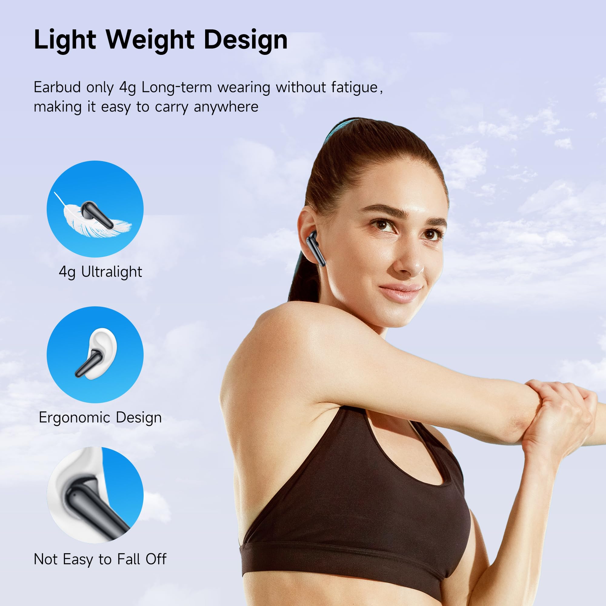 Wireless Earbuds 2024 Sport Bluetooth Headphones Stereo Earphones with ENC Mic Wireless Earphones In Ear Earbuds with Dual LED Display, 48H Playtime, Running Headphones IP7 Waterproof, Ceramic Black