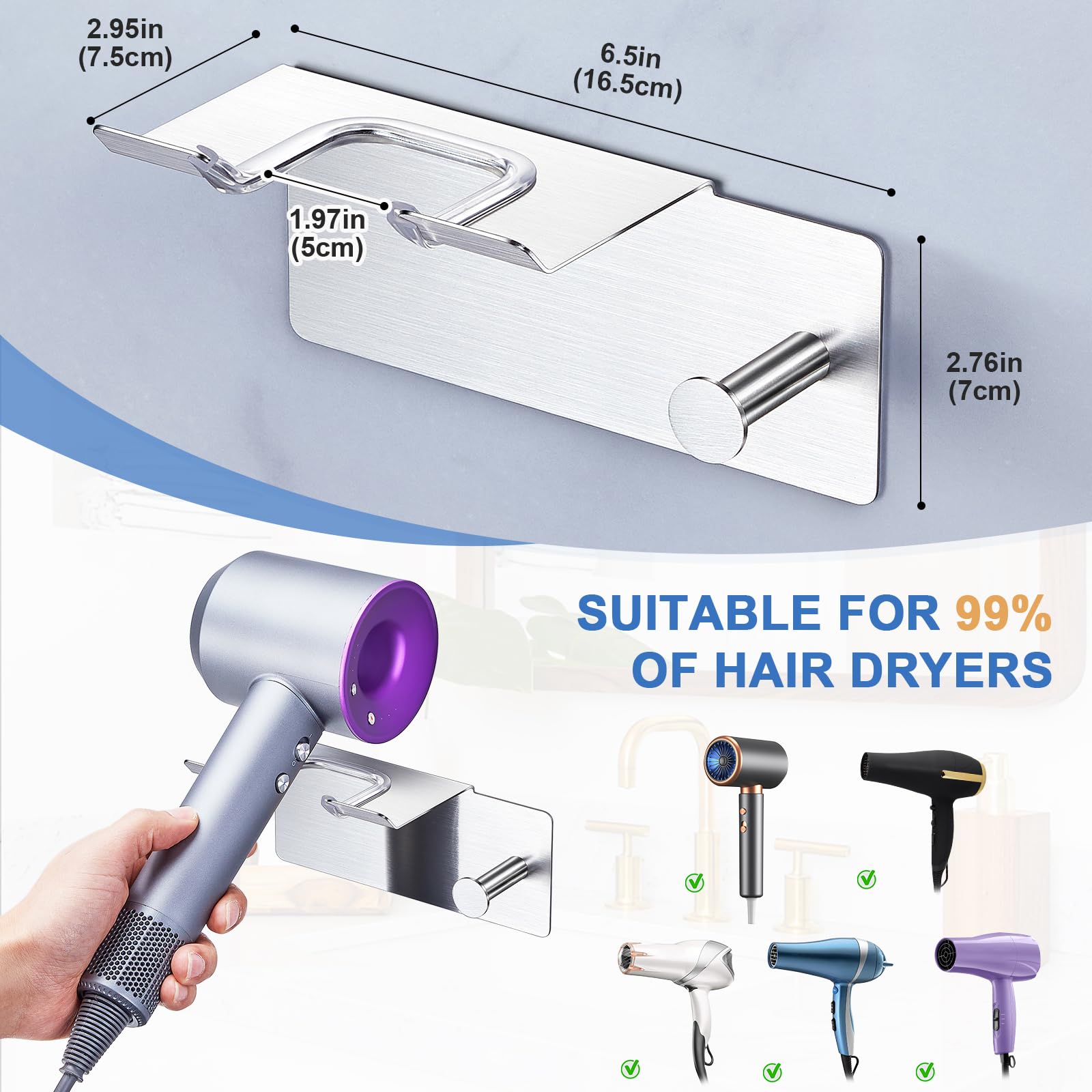 Hair Dryer Holder Wall Mounted, Blow Dryer Holder Adhesive, Stainless Steel Hairdryer Holder for Bathroom, Hair Tool Organizer with Plug&Cord for Cabinet Bathroom Bedroom Barber Shops