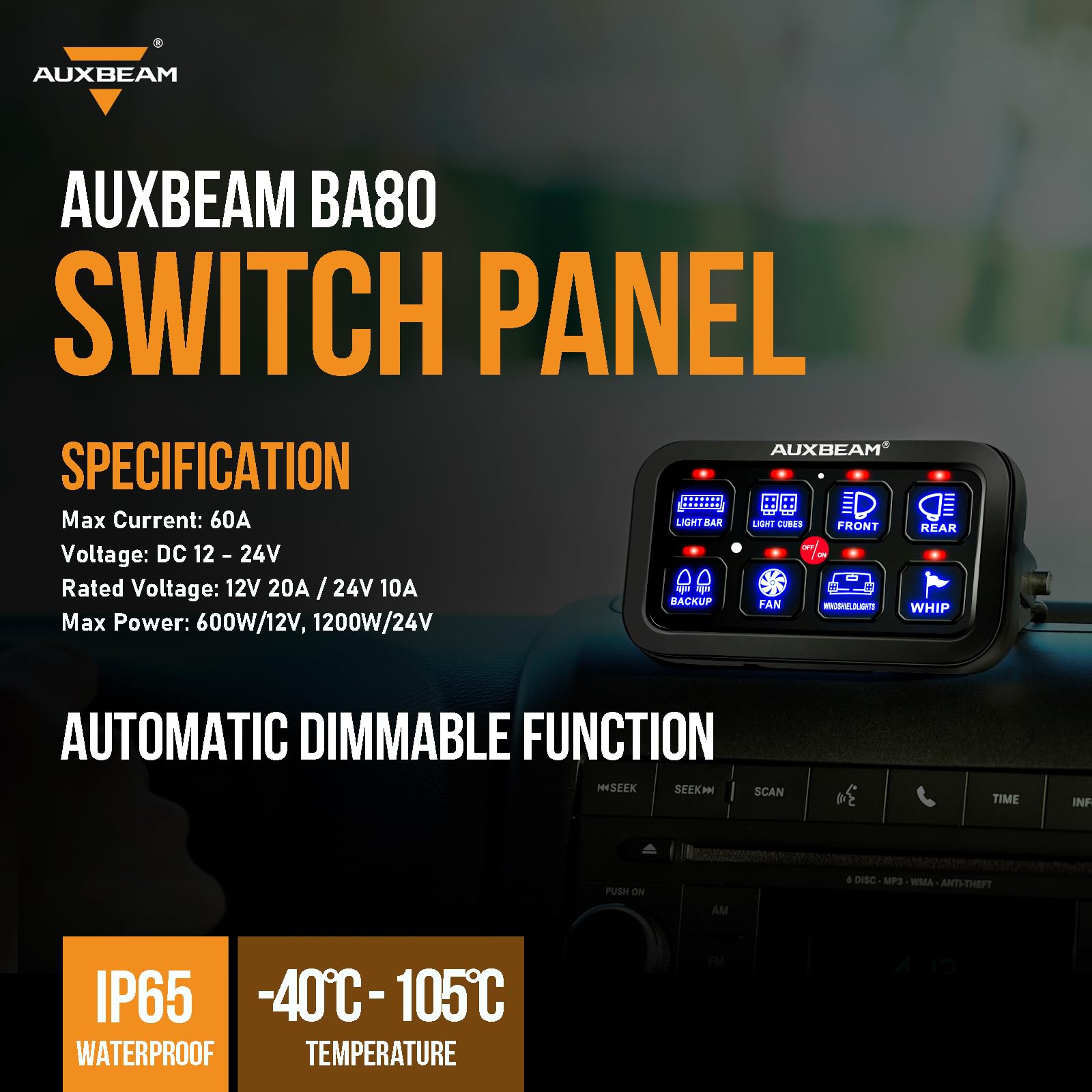 Auxbeam 8 Gang Switch Panel BA80 Automatic Dimmable LED Touch Control Panel Box Electronic Relay System Car Touch Switch Box Universal for Truck ATV UTV Boat Marine SUV Caravan -Blue, 2 Years Warranty