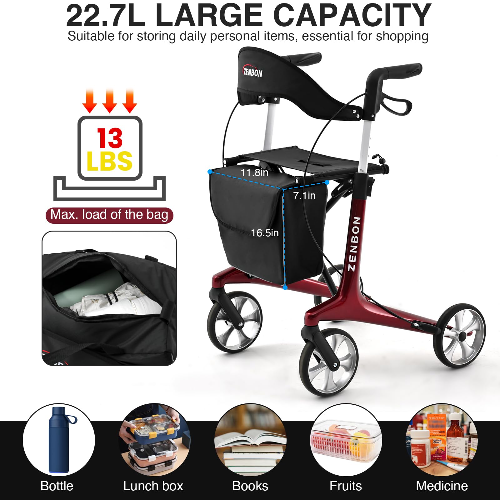Rollator Walker for Seniors/Adults Foldable Rolling Walker with Seat 440 lbs Capacity 4 Big 7.9 inch Wheels Hand Grips Adjustable Height Lightweight Carbon Fiber Walker Removable Back Support