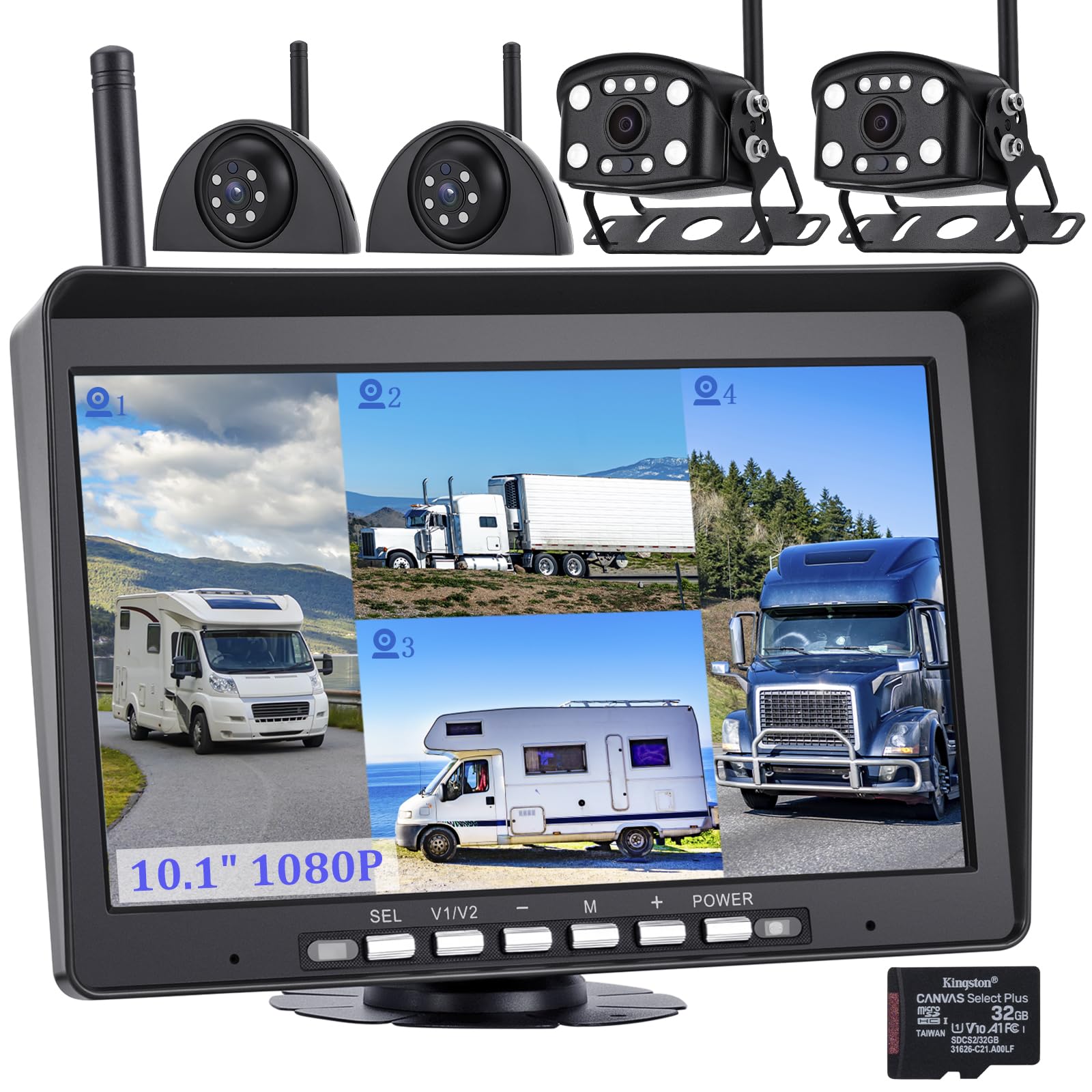 WOOCARTY 10.1" Wireless Backup Camera System, 1080P DVR Recording Monitor, IP68 Waterproof Night Vision Rear Side Cameras for Truck/Trailer/Camper, 32GB SD Card Included