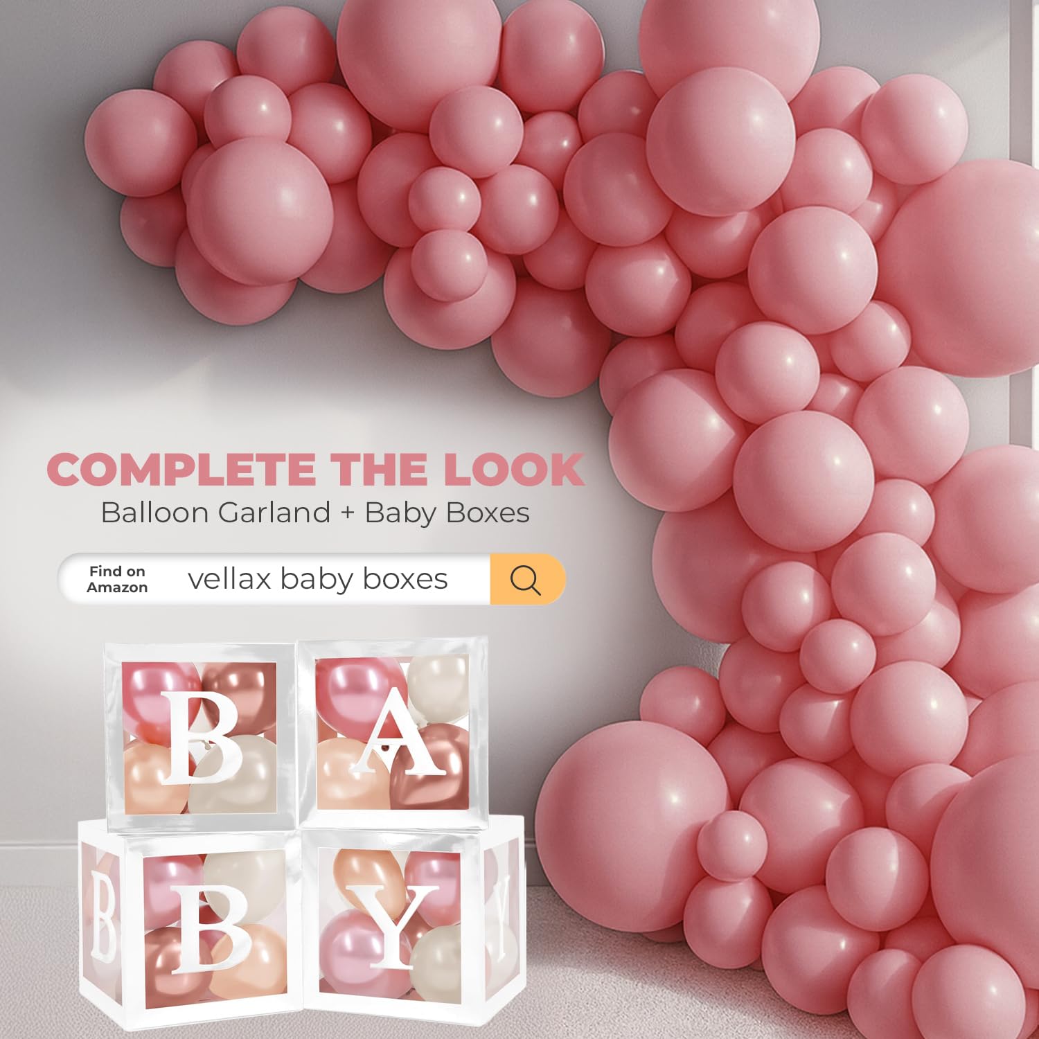 Balloon Garland Arch Kit – 146 Pcs Dusty Pink Balloons & Baby Shower Boxes with Letters – White Boxes with Rose Gold, Dusty Pink, Sand & White Balloons