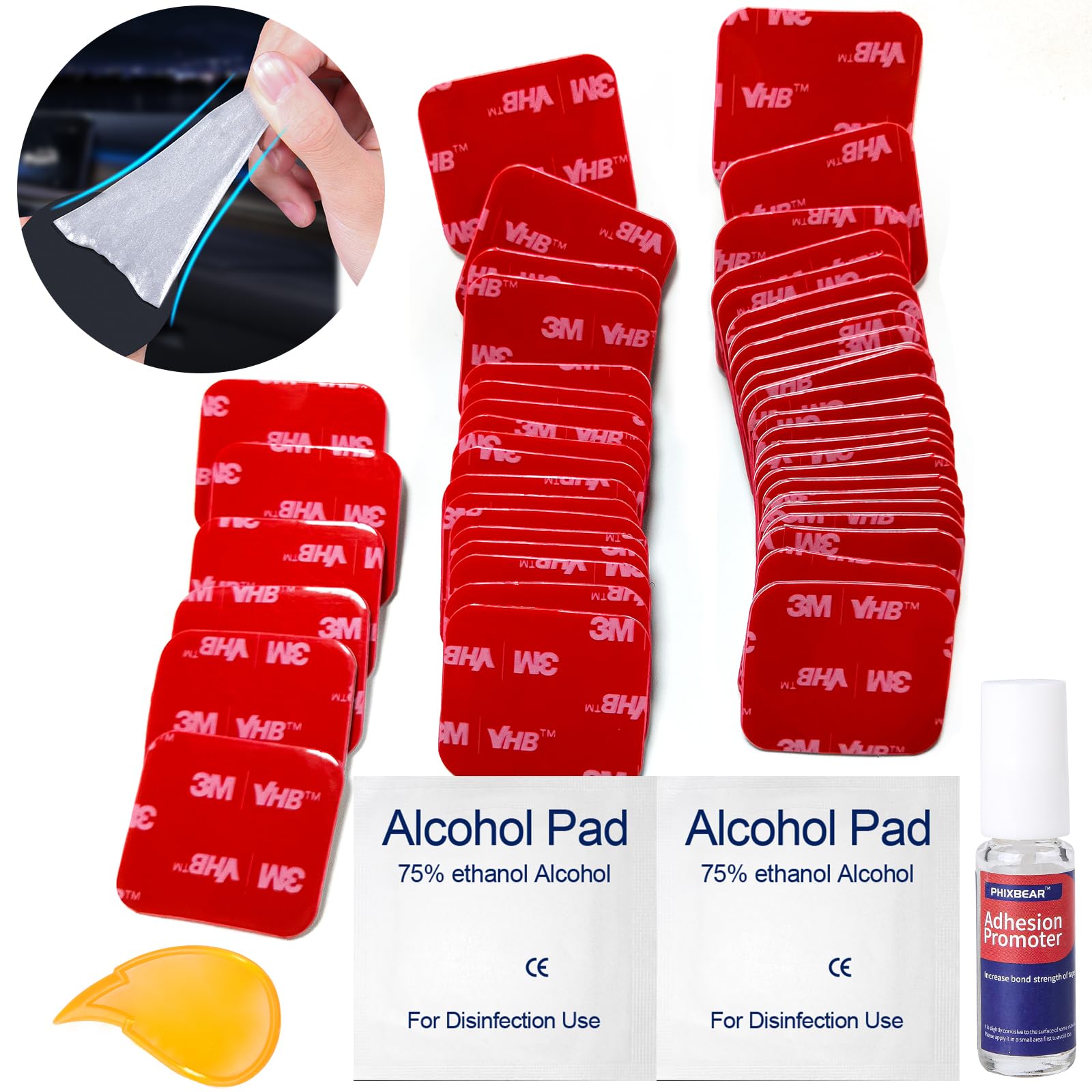 PHIXBEAR Double Sided Sticky Pads,Made of 3M VHB,Strong Adhesive Tape Squares Heavy Duty Waterproof Heat Resistant, Extreme Mounting Foam Tape,Car Home Outdoor Use, 48 Pcs 1.18x1.38 Inch