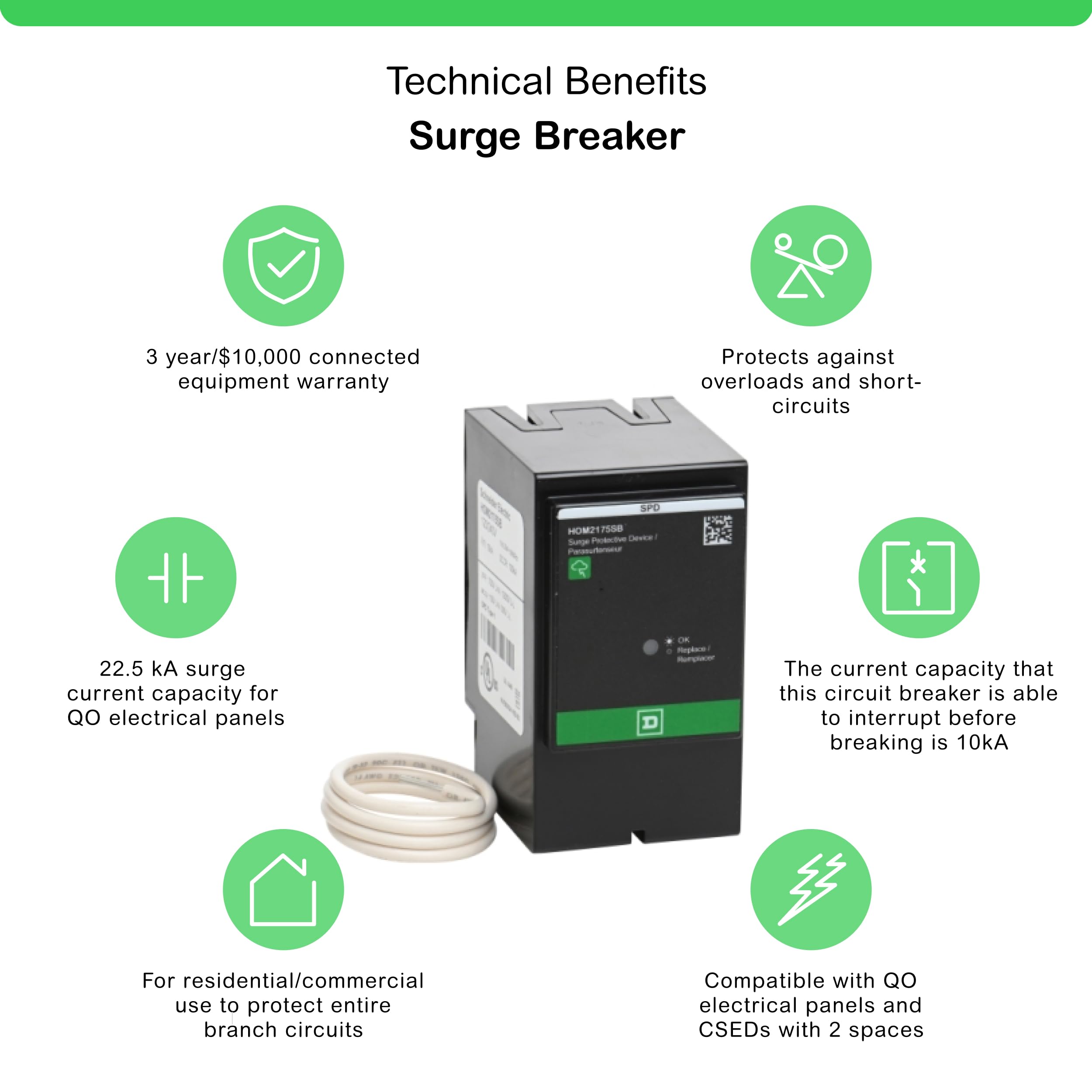 Square D by Schneider Electric HOM2175SB Homeline SurgeBreaker, Surge Protection Device, 25kA, 120/240V, 1-Phase, 3-Wire