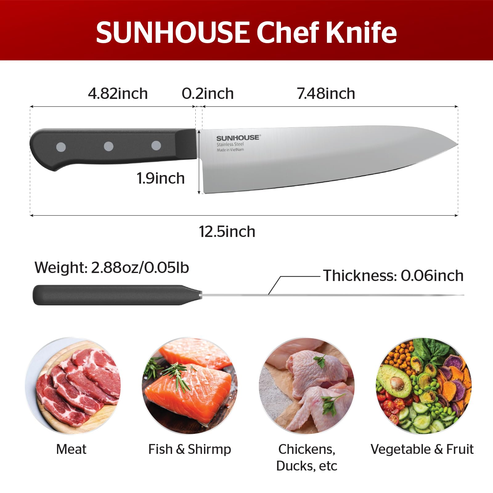 Sunhouse Chef Knife, 7.5 Inch High Carbon Stainless Steel Sharp Kitchen Knife with Ergonomic Handle, Ultra-durable 2-layer Molded Handle, A Useful Chef Gift for Mom and Dad