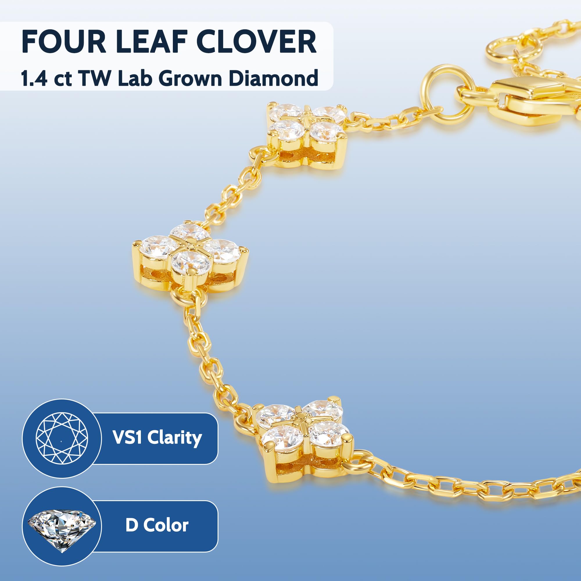 Lab Grown Diamond Bracelets for Women, 1.4 CT 18K White/Yellow Gold Over 925 Sterling Silver Four Leaf Clover Bracelet, D Color VS1 Clarity Diamond Adjustable Bracelets for Birthday Valentines Gifts