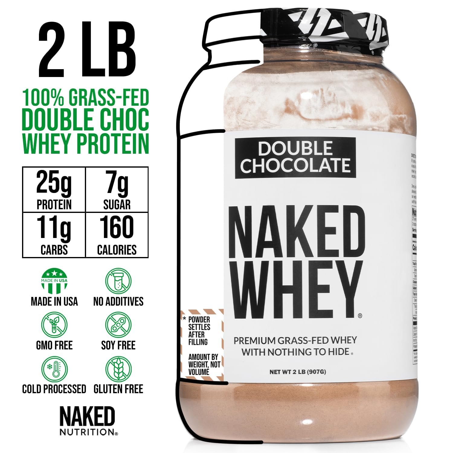 Naked Whey Double Chocolate Grass Fed Whey Protein Powder, No GMO, No Soy, and Gluten Free. Nothing Artificial, Aid Growth and Recovery - 21 Servings