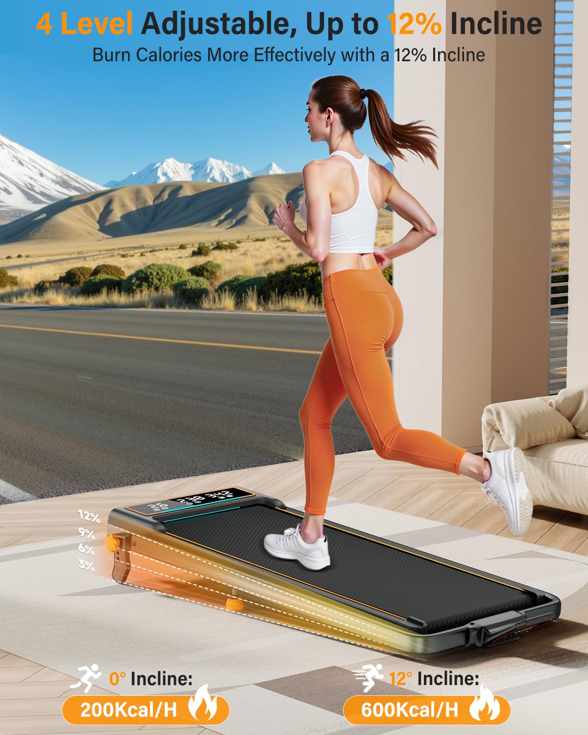 Treadmill Walking Pad with 12% Incline/Handle Bar/2 LED Display, 3.5HP Portable Treadmills for Home Small, Foldable Walking Pad Treadmill 350+lb Capacity, Smart App, 4 Adjustable Incline, RGB Light