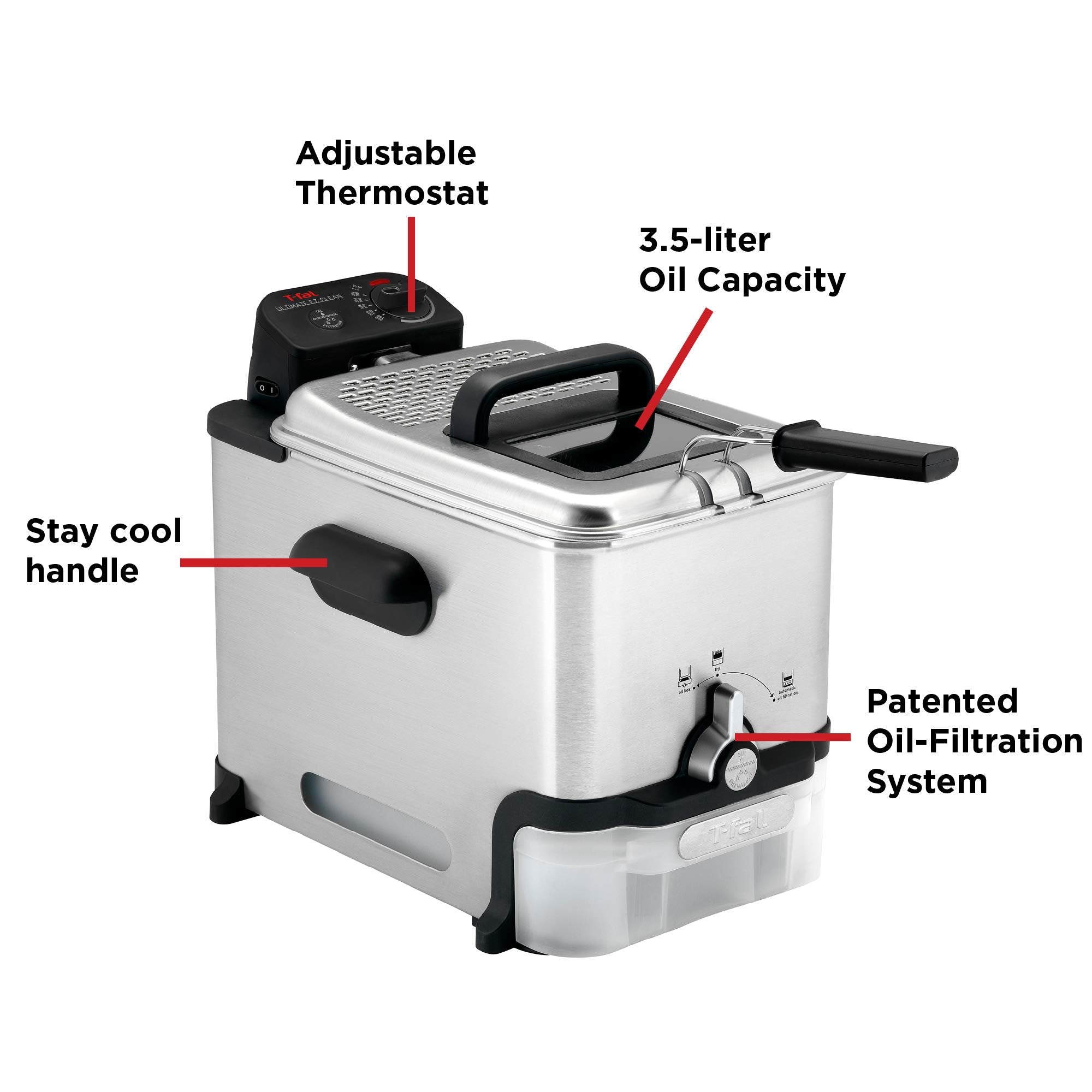 T-fal 3.5L Deep Fryer with Basket, 1700W, Oil Filtration, Temp Control, Digital Timer, Dishwasher Safe Parts